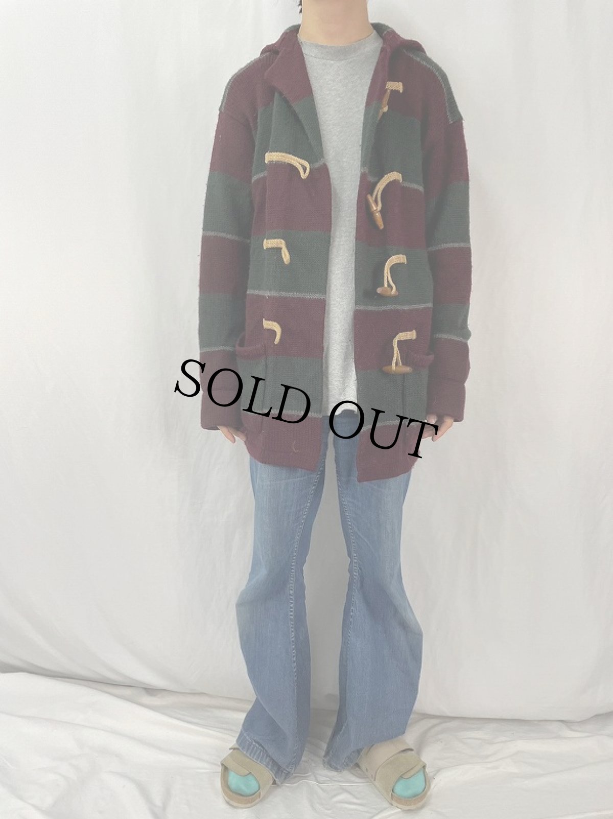 画像2: 90's〜 Ralph Lauren ボーダー柄 ウールニットダッフルコート L (2)