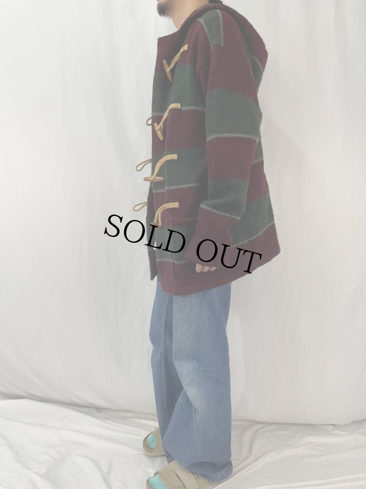 画像3: 90's〜 Ralph Lauren ボーダー柄 ウールニットダッフルコート L (3)