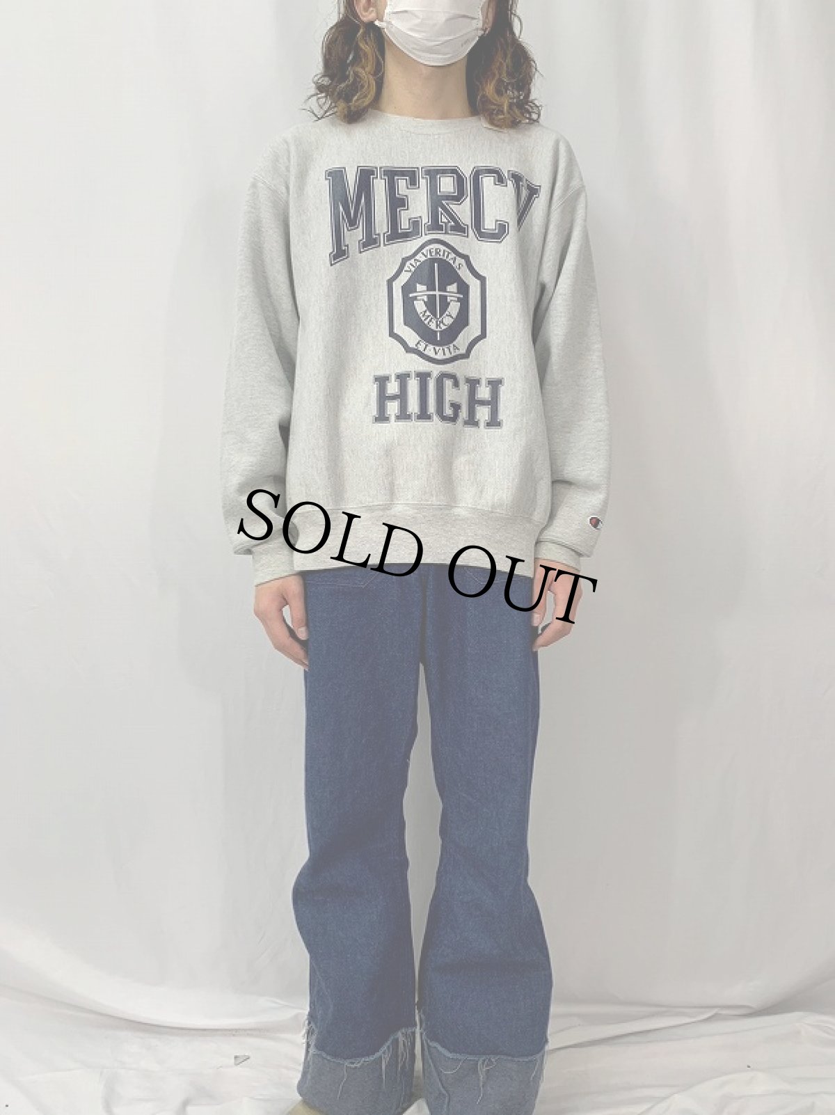 画像2: Champion PREMIUM REVERSE WEAVE "MERCY HIGH" プリントスウェット M (2)