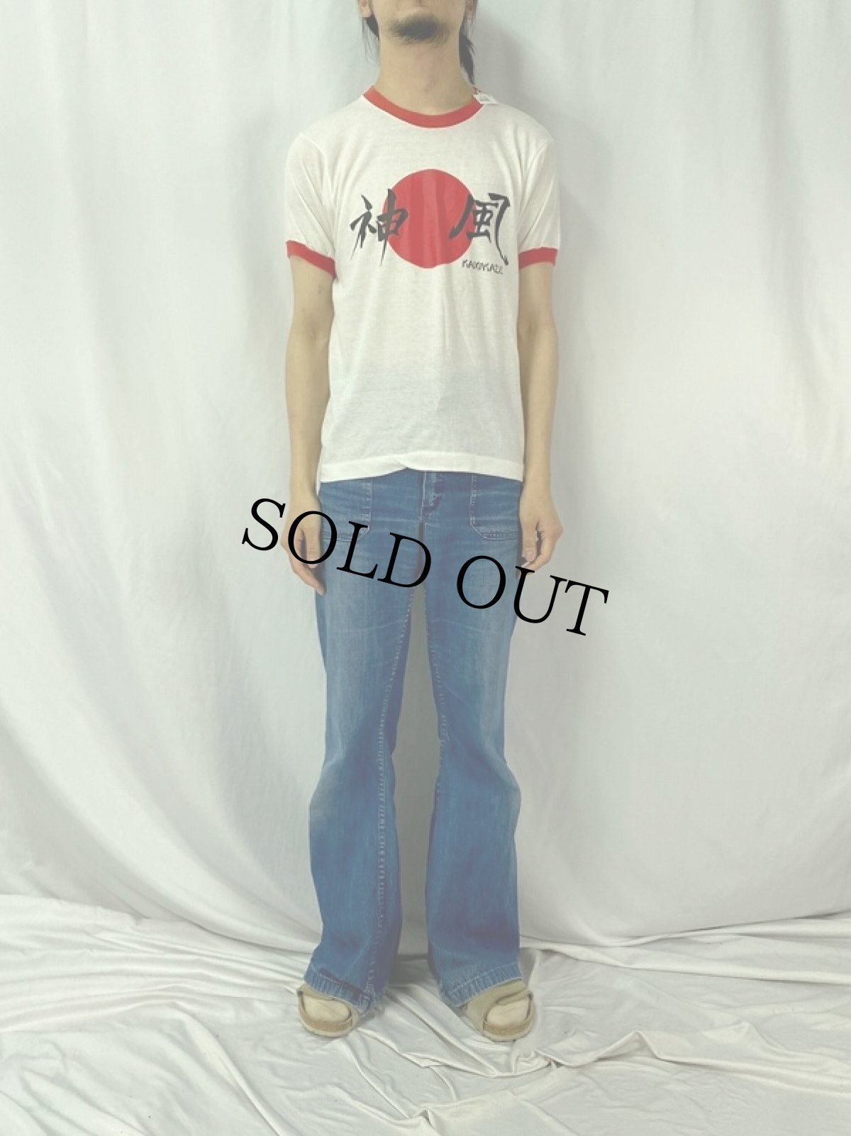 画像2: 80's 神風 KAMIKAZE 日の丸プリントリンガーTシャツ L (2)