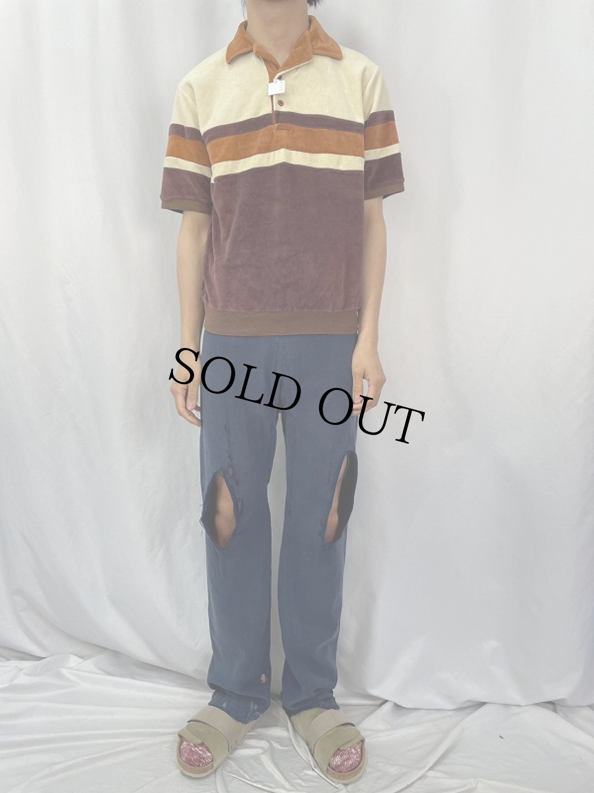 画像2: L.A.Spirit マルチボーダー柄 ベロアポロシャツ L (2)