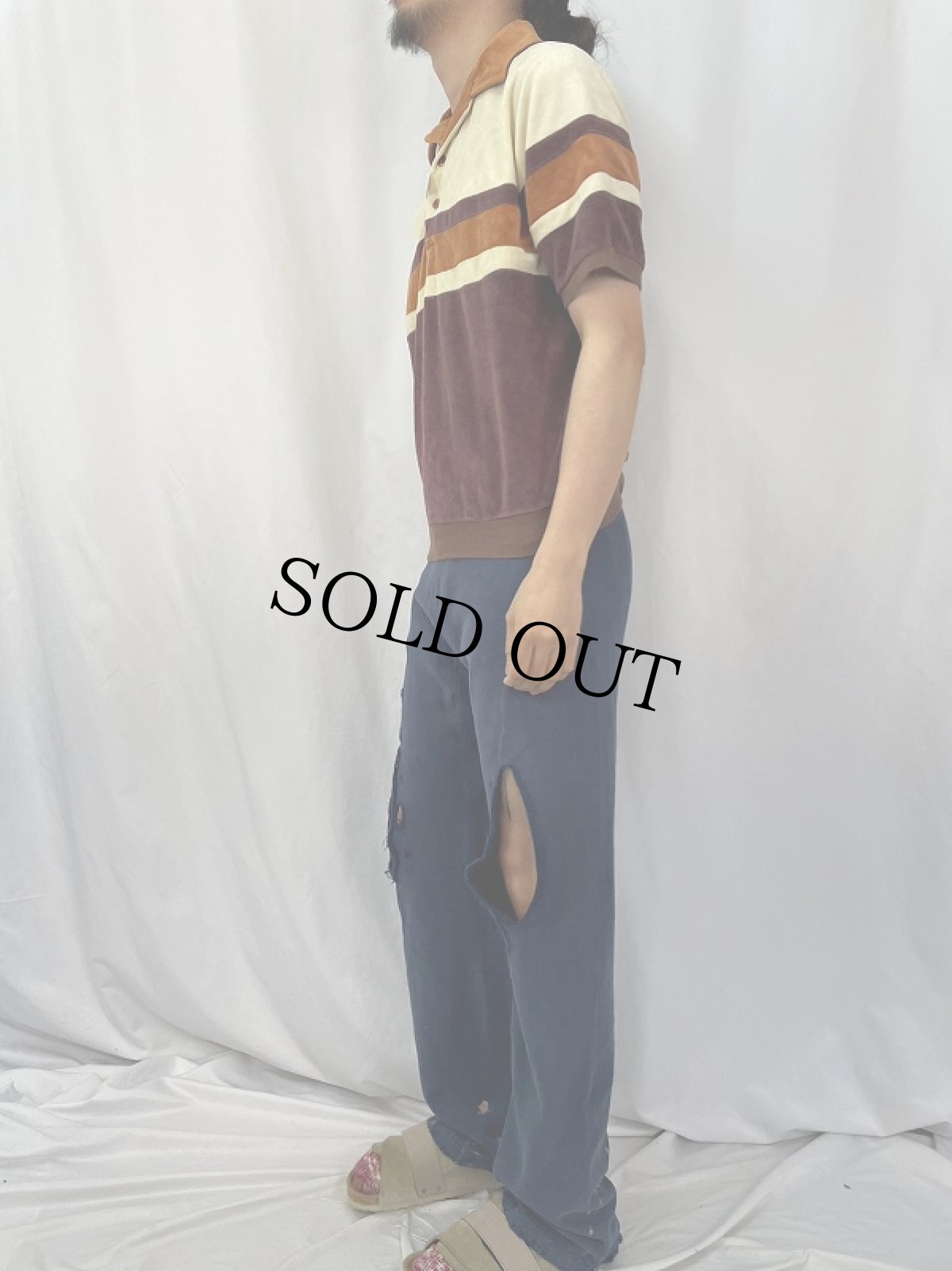 画像3: L.A.Spirit マルチボーダー柄 ベロアポロシャツ L (3)