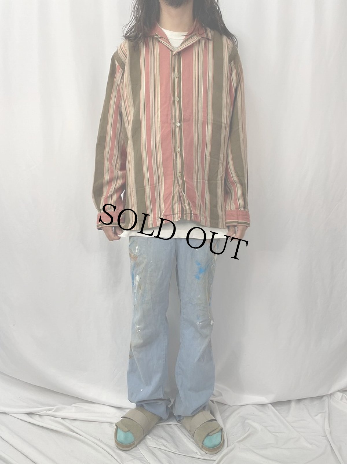 画像2: POLO Ralph Lauren "CALDWELL" マルチストライプ柄 コットン×リネン オープンカラーシャツ L (2)