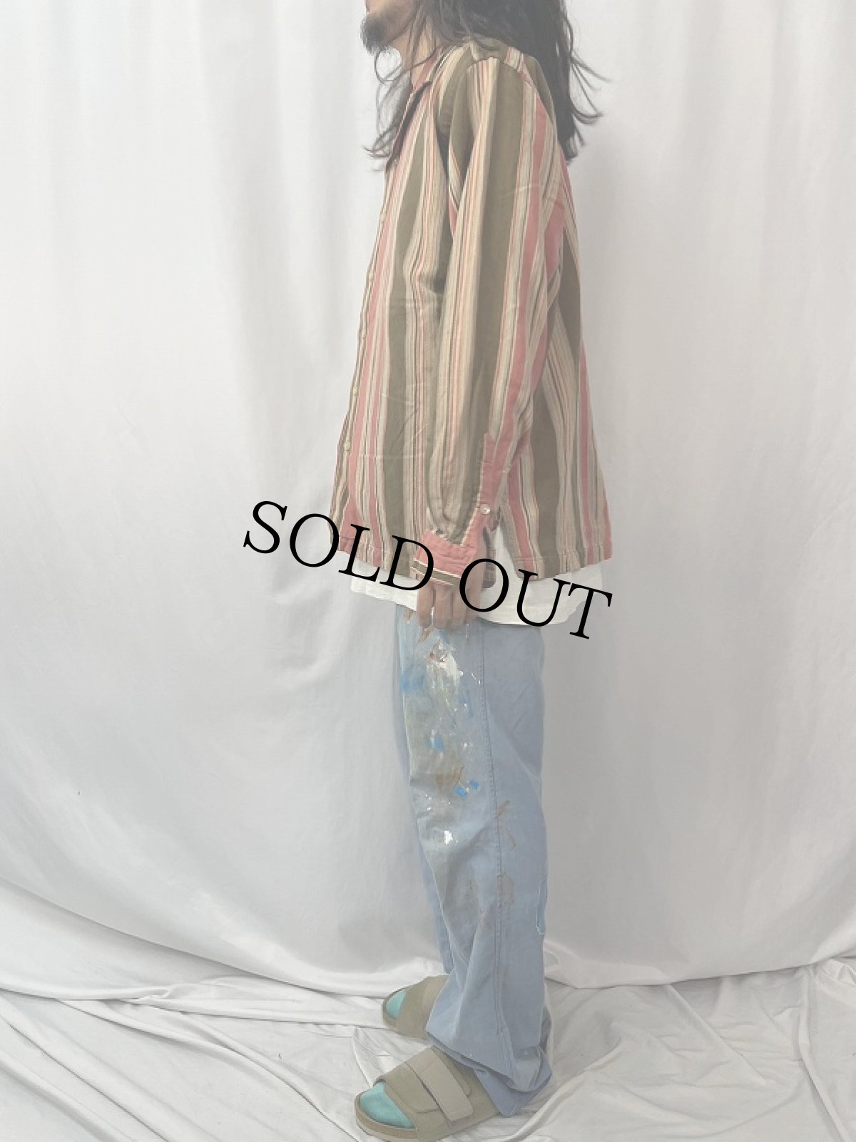 画像3: POLO Ralph Lauren "CALDWELL" マルチストライプ柄 コットン×リネン オープンカラーシャツ L (3)