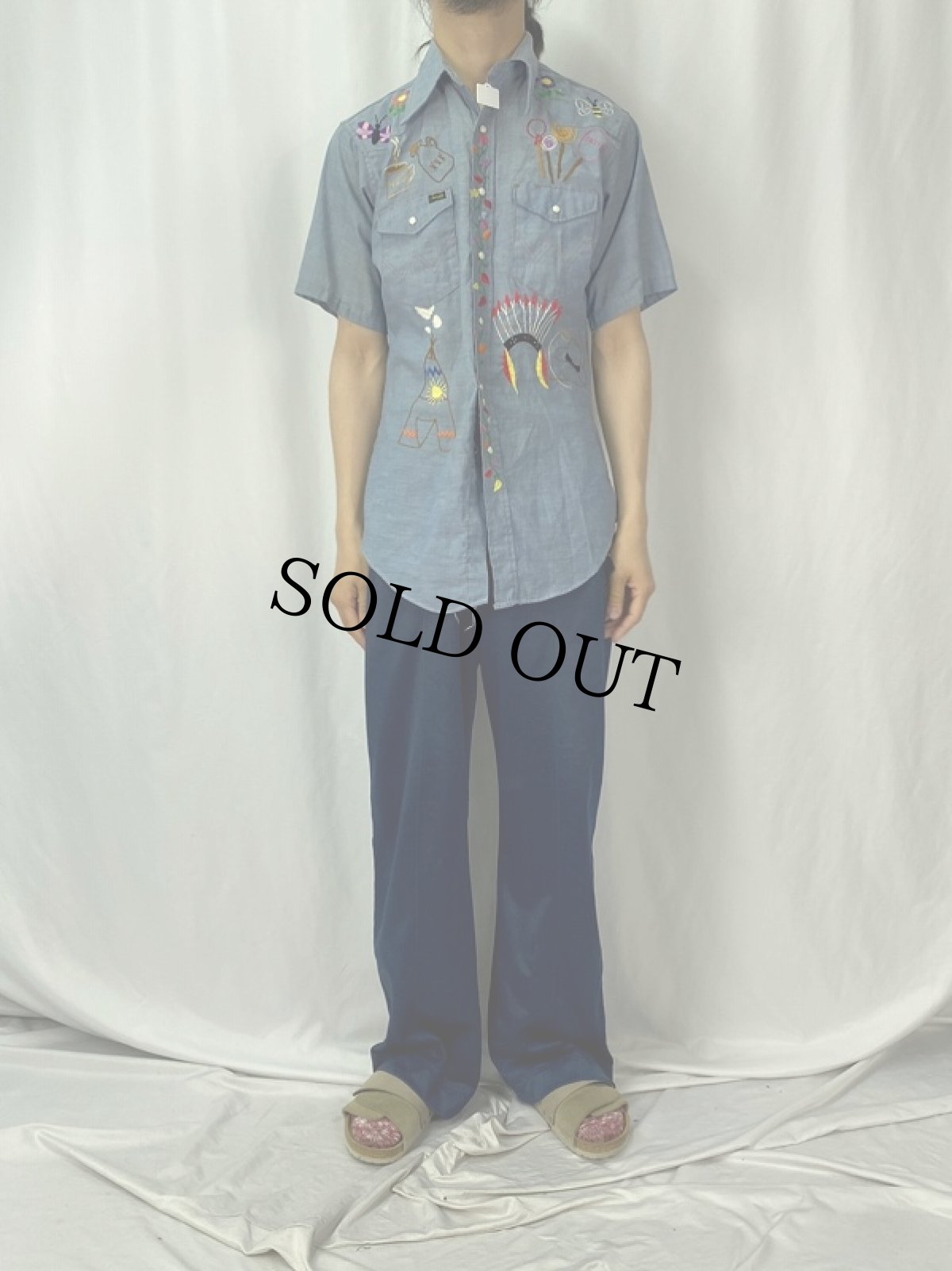 画像2: 70's Wrangler USA製 ハンド刺繍 シャンブレーシャツ L (2)