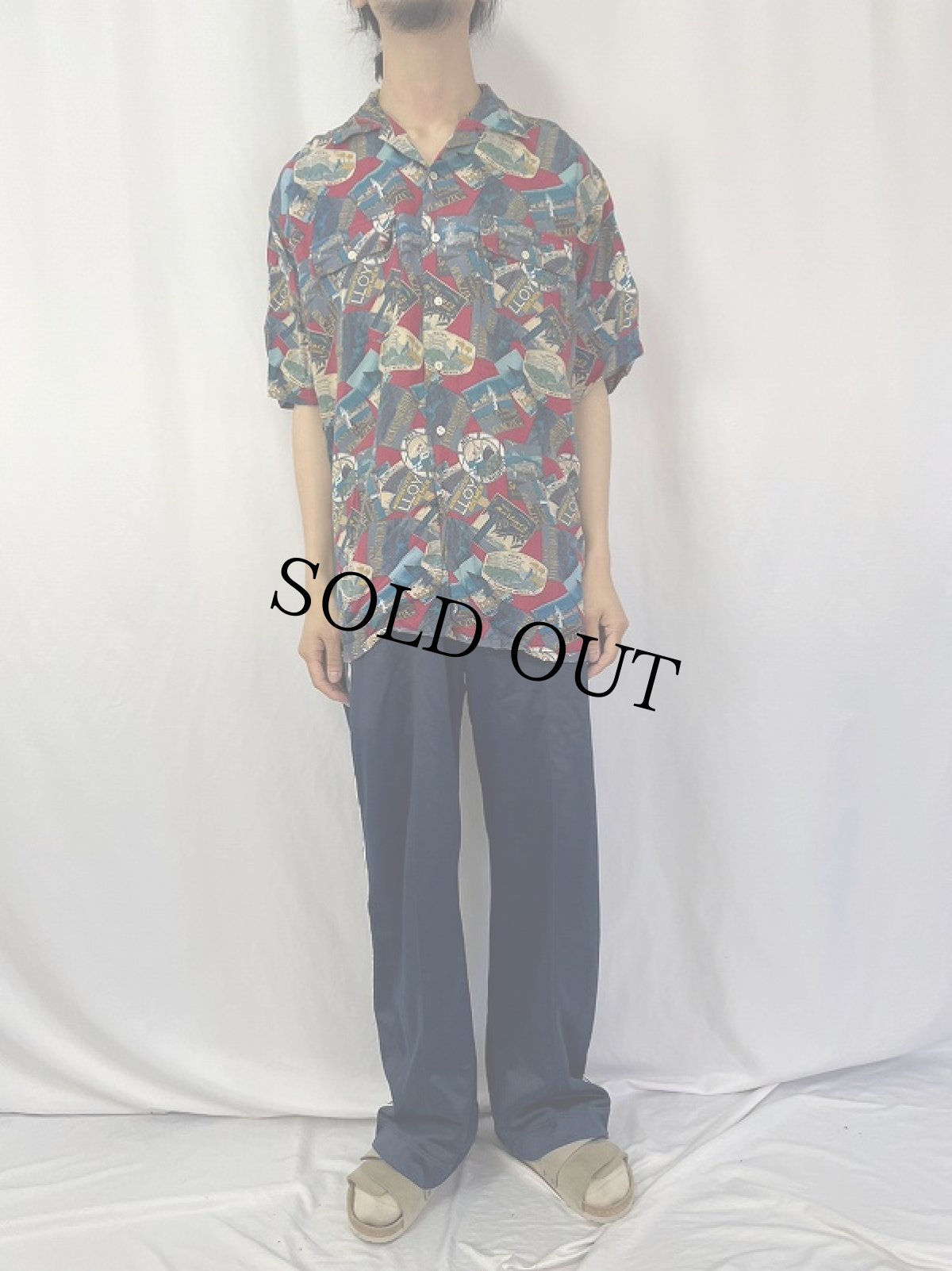 画像2: 90's POLO Ralph Lauren 総柄 レーヨンオープンカラーシャツ M (2)