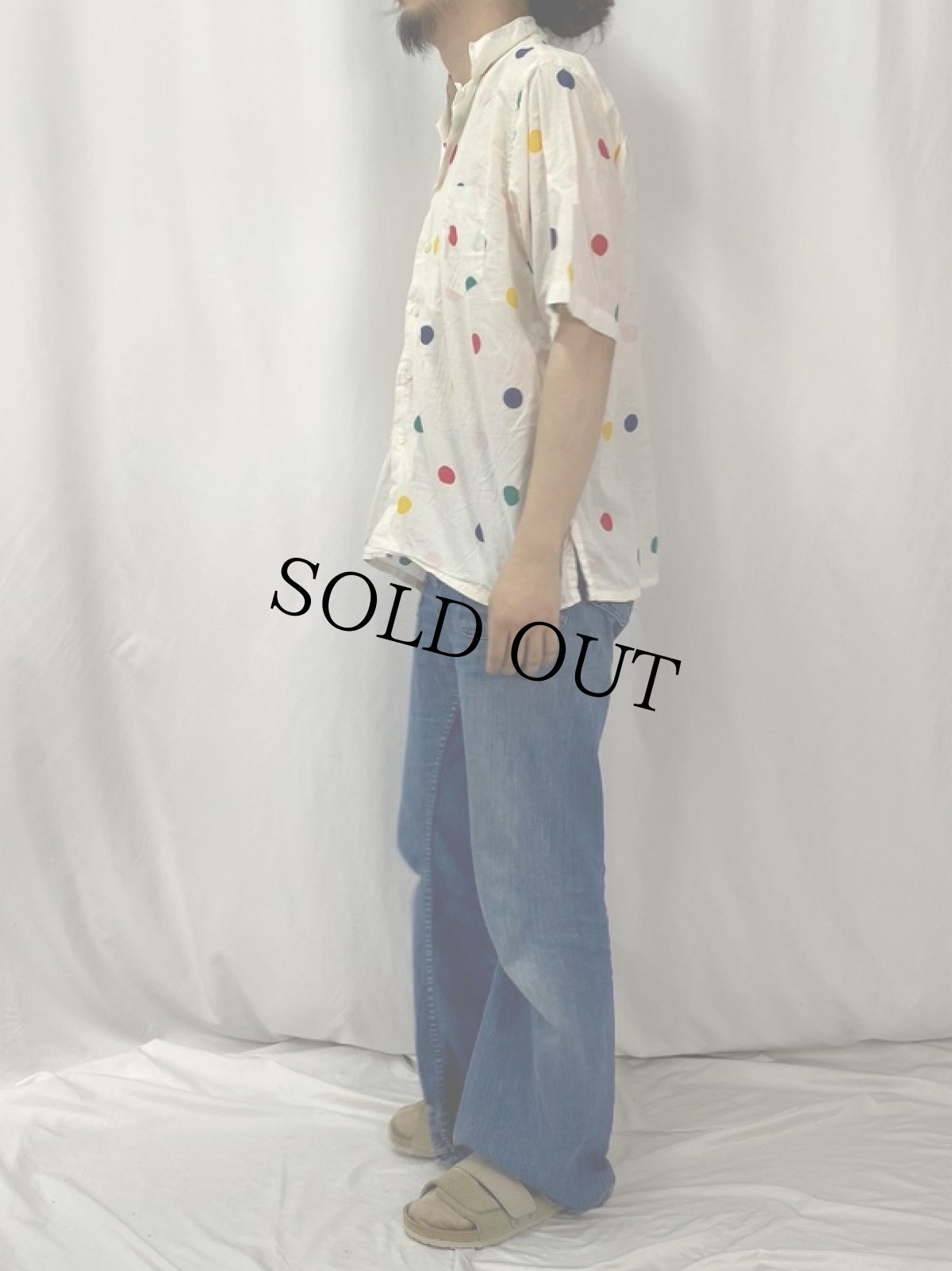 画像3: 80's NORMAN USA製 ドット柄 コットンオープンカラーシャツ L (3)