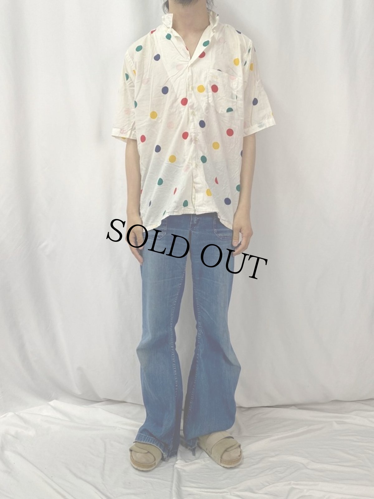 画像2: 80's NORMAN USA製 ドット柄 コットンオープンカラーシャツ L (2)