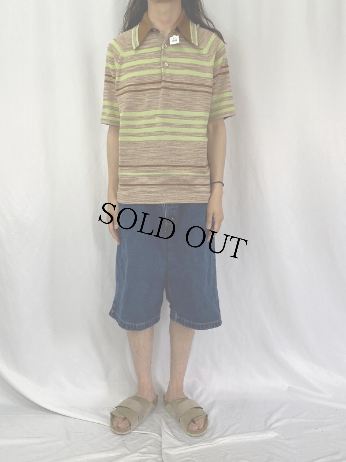 画像2: 70's DONEGAL マルチボーダー柄 ニットポロシャツ L (2)