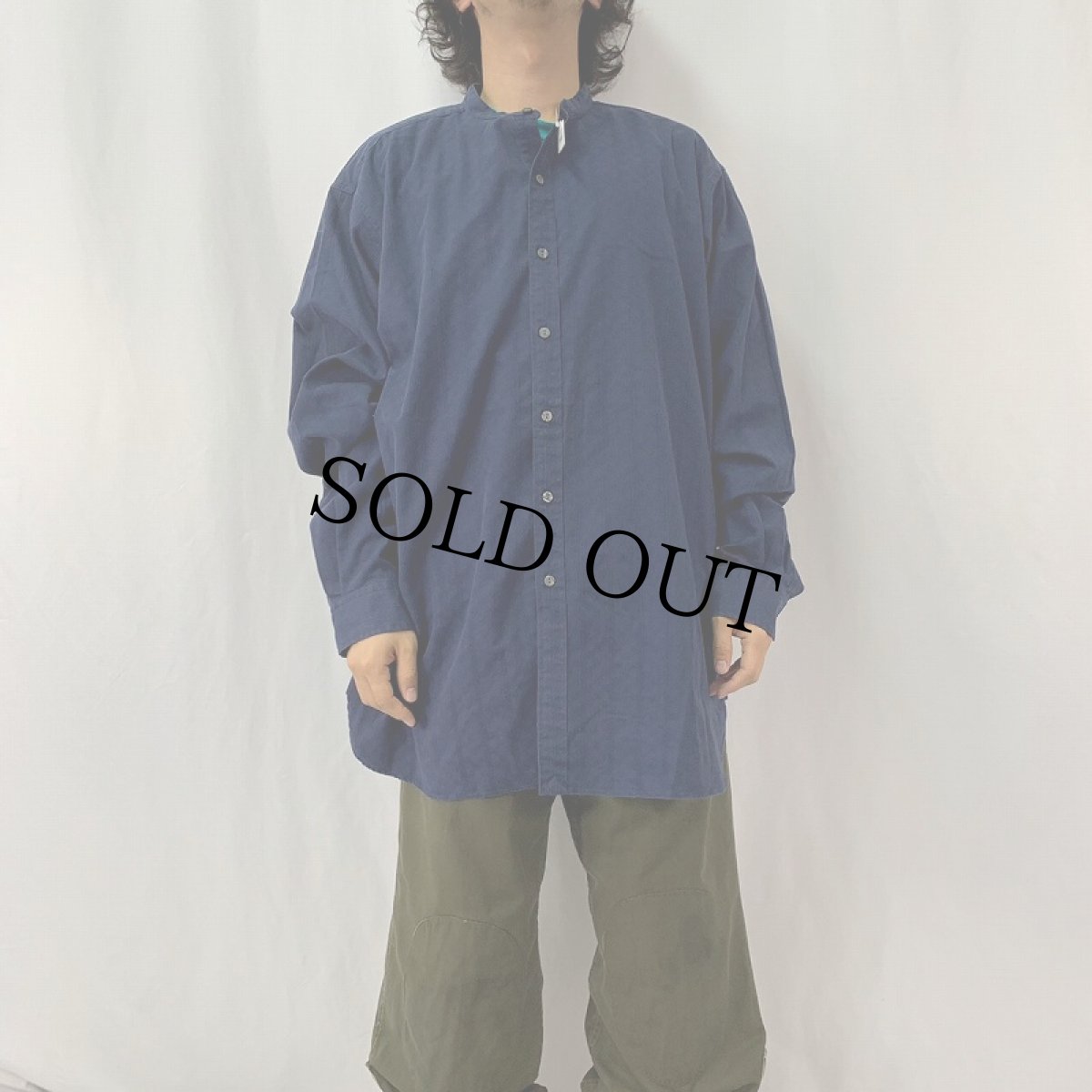 画像2: POLO Ralph Lauren "BERNARD" ストライプ柄 コットンバンドカラーシャツ XL NAVY (2)