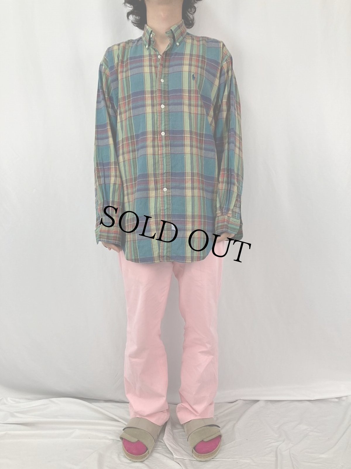 画像2: Ralph Lauren マドラスチェック柄 コットンボタンダウンシャツ L (2)