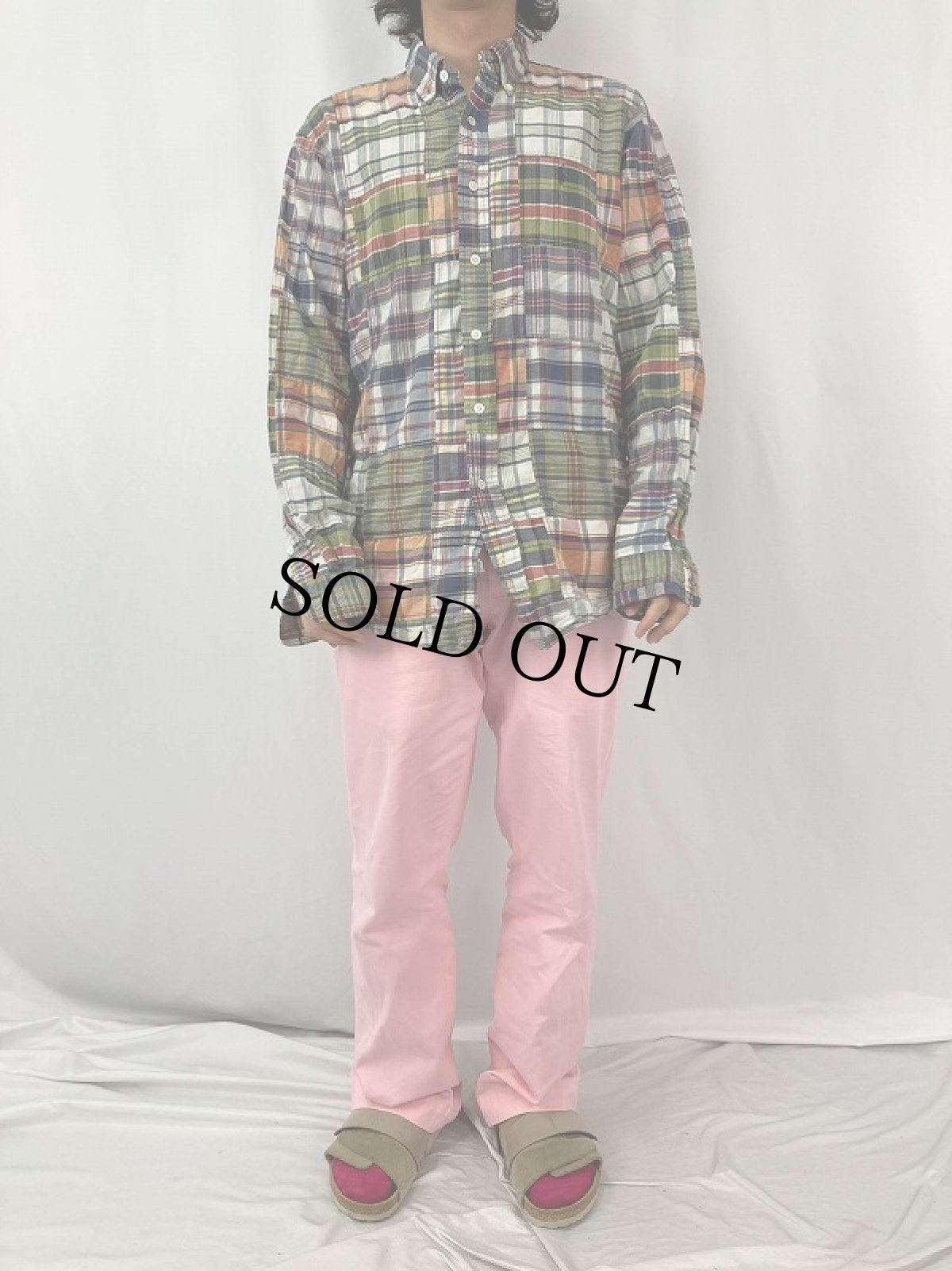 画像2: Ralph Lauren "CUSTOM FIT" マドラスチェック柄 パッチワーク コットンボタンダウンシャツ L (2)