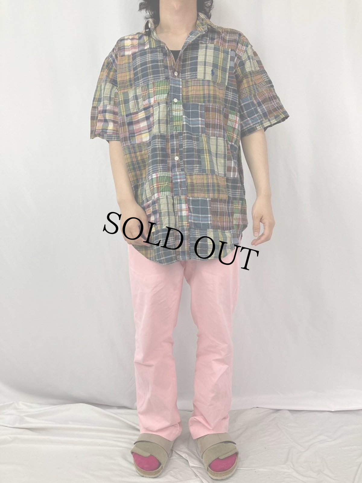 画像2: Ralph Lauren "CLASSIC FIT" マドラスチェック柄 パッチワーク コットンボタンダウンシャツ XL (2)