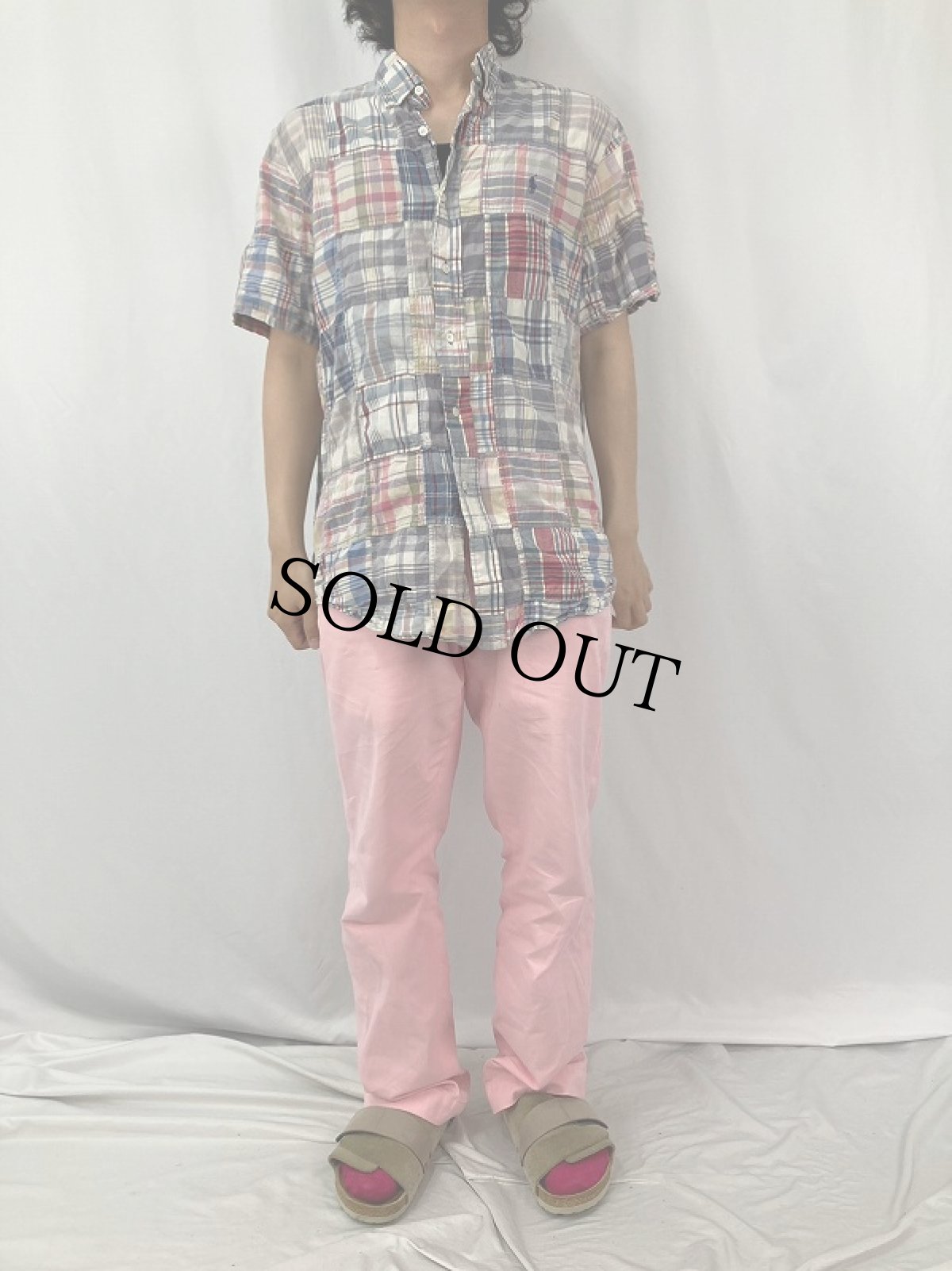 画像2: Ralph Lauren "CUSTOM FIT" マドラスチェック柄 パッチワーク コットンボタンダウンシャツ L (2)