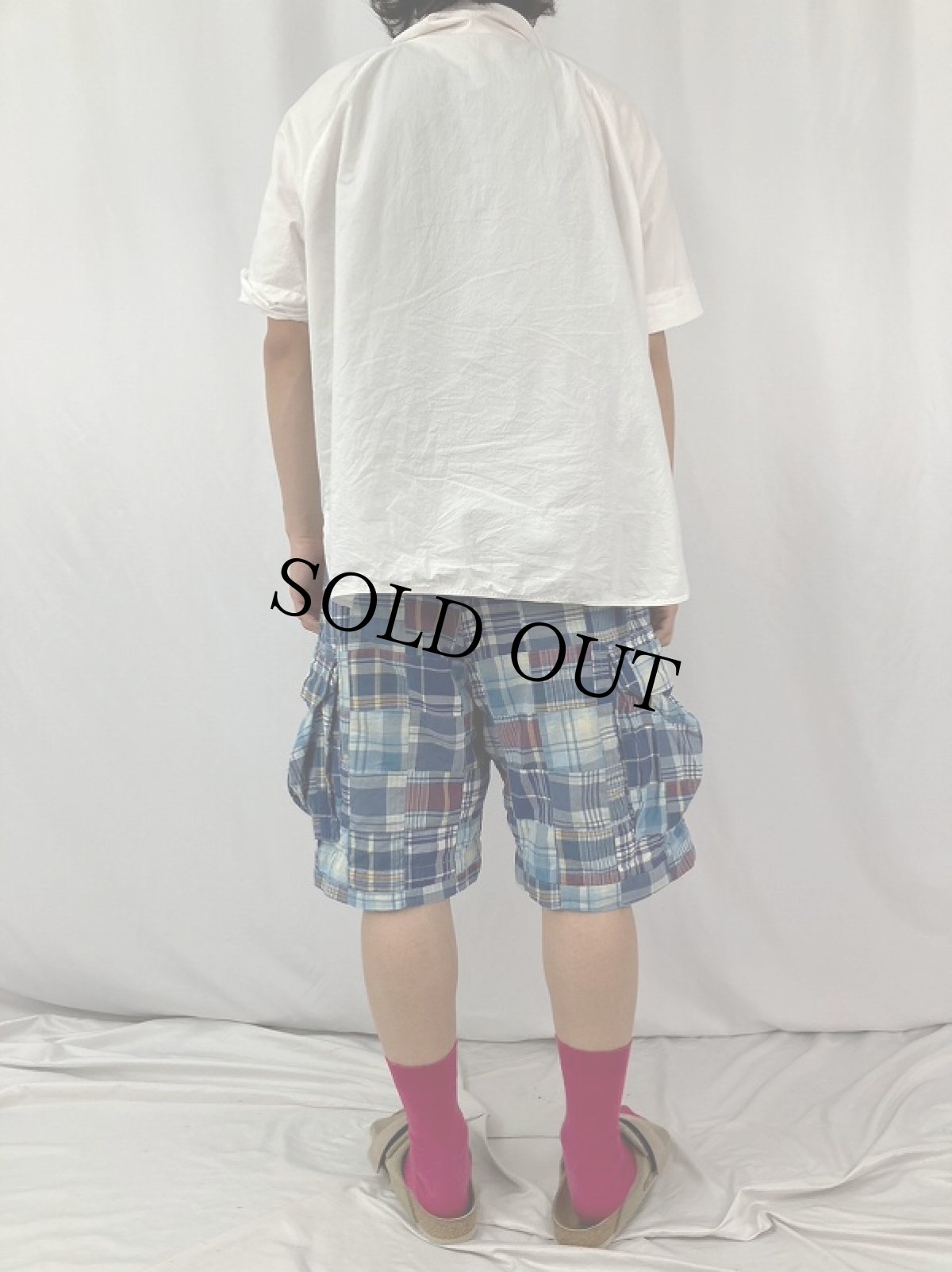 画像4: POLO Ralph Lauren マドラスチェック柄 パッチワーク コットンカーゴショーツ W34 (4)