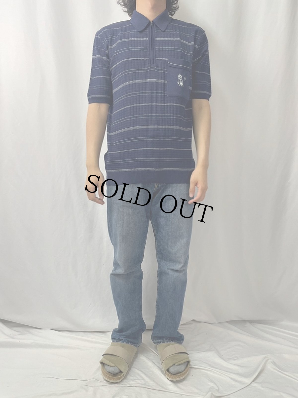 画像2: 80's EURO Pierre d'Asniel ハーフジップ ボーダー柄ニットポロシャツ (2)