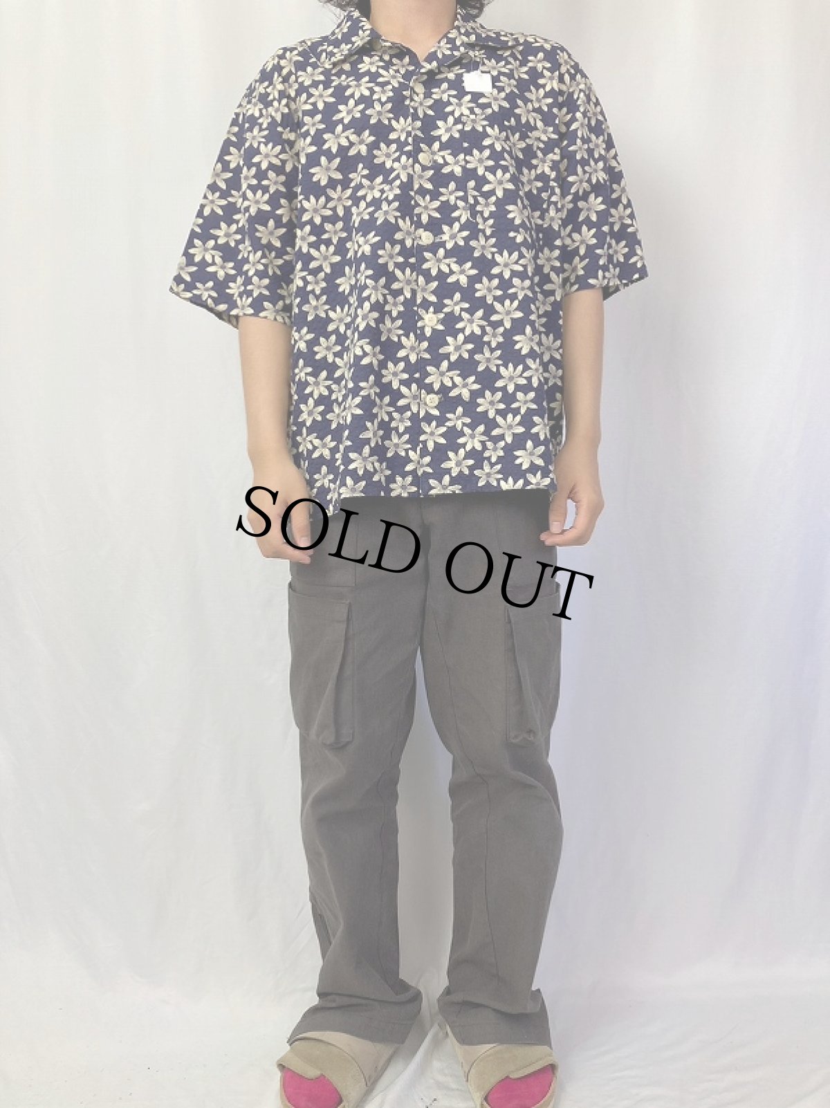 画像2: 花柄 シアサッカーオープンカラーシャツ NAVY (2)