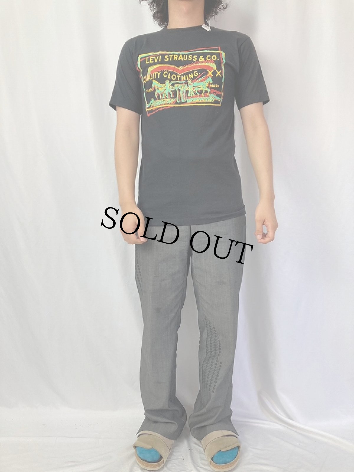画像2: 80's Levi's USA製 ラスタカラー ロゴプリントTシャツ BLACK S (2)