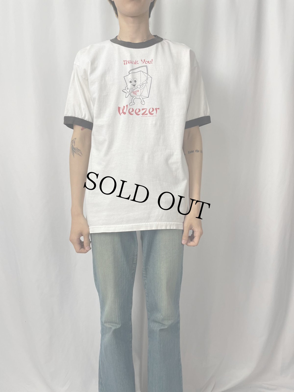 画像2: 2000's Weezer "Thank you!" オルタナロックバンド リンガーTシャツ L (2)