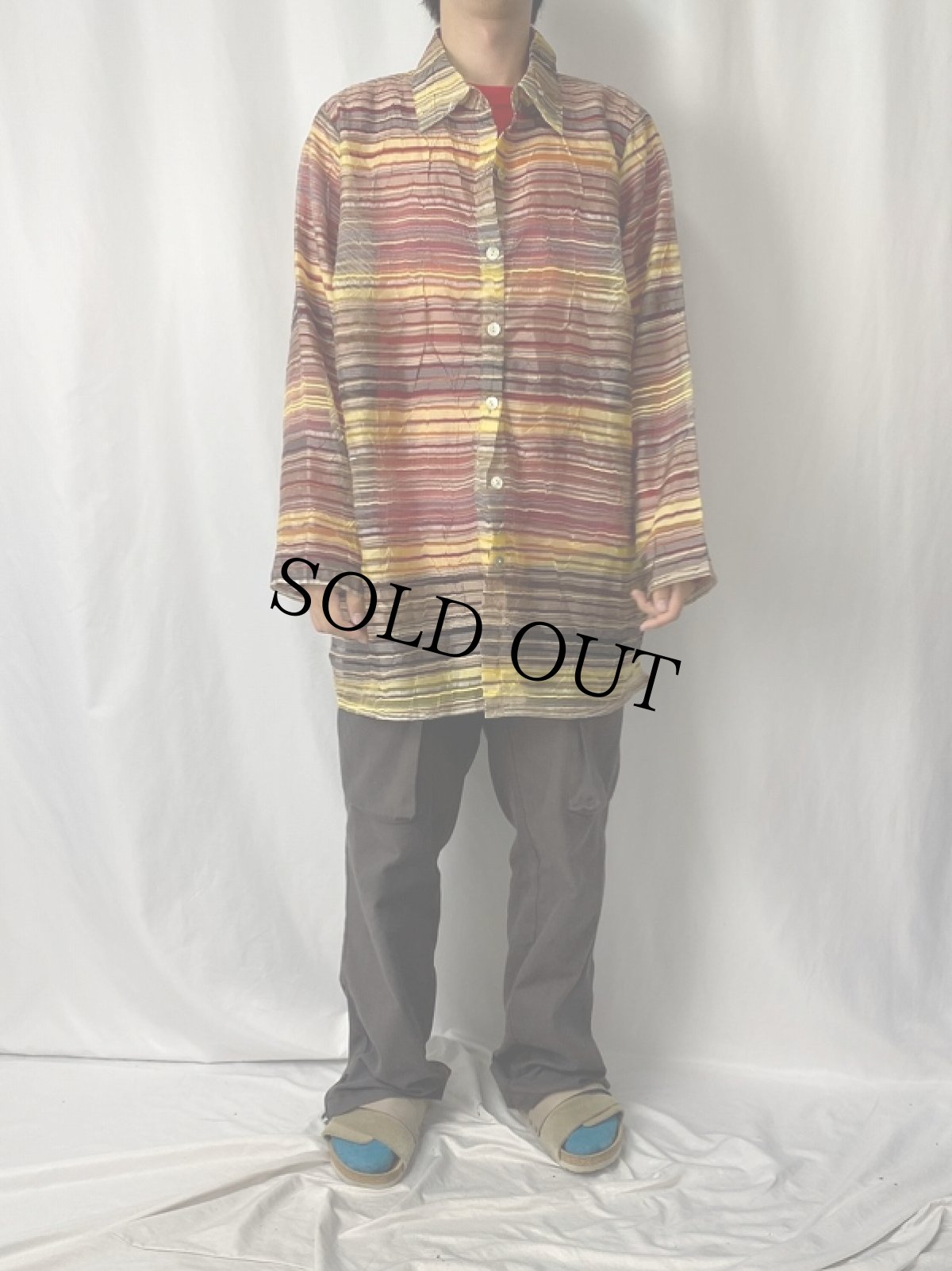 画像2: citiknit マルチボーダー柄 シースルーシャツ 1X (2)