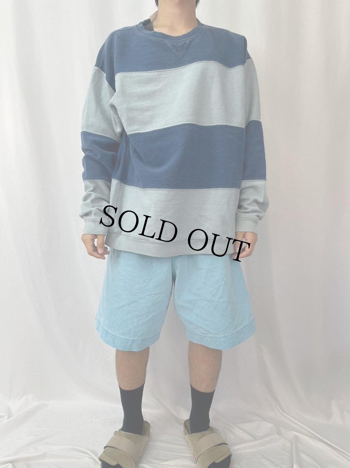 画像2: 90's LANDS'END USA製 ボーダー柄 前V 鹿の子スウェット XL (2)