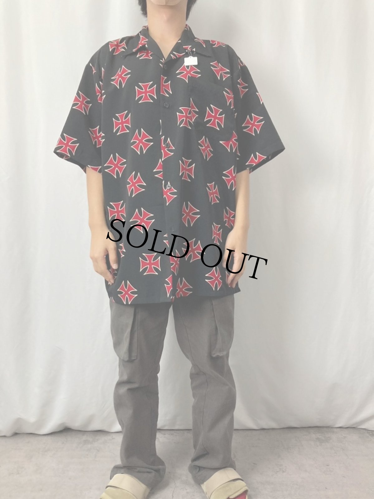 画像2: Dragonfly アイアンクロス柄 オープンカラーポリシャツ BLACK XL (2)