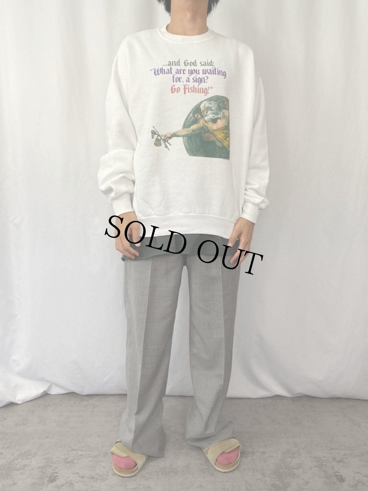 画像2: 80〜90's STUDIO 4 EAST USA製 "...and God said..." イラストプリントスウェット L (2)