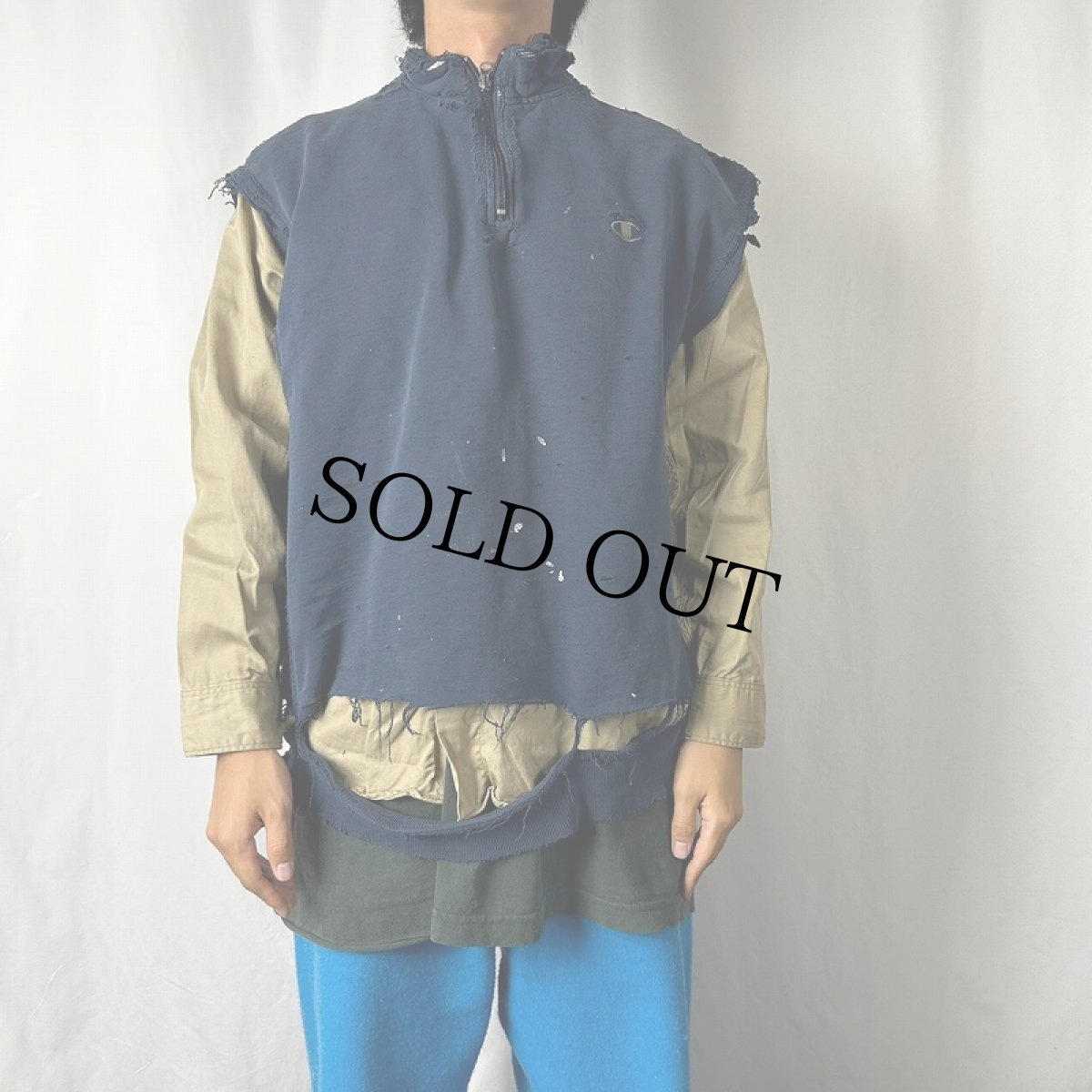 画像2: Champion ロゴ刺繍 ハーフジップ カットオフスリーブスウェット NAVY L (2)