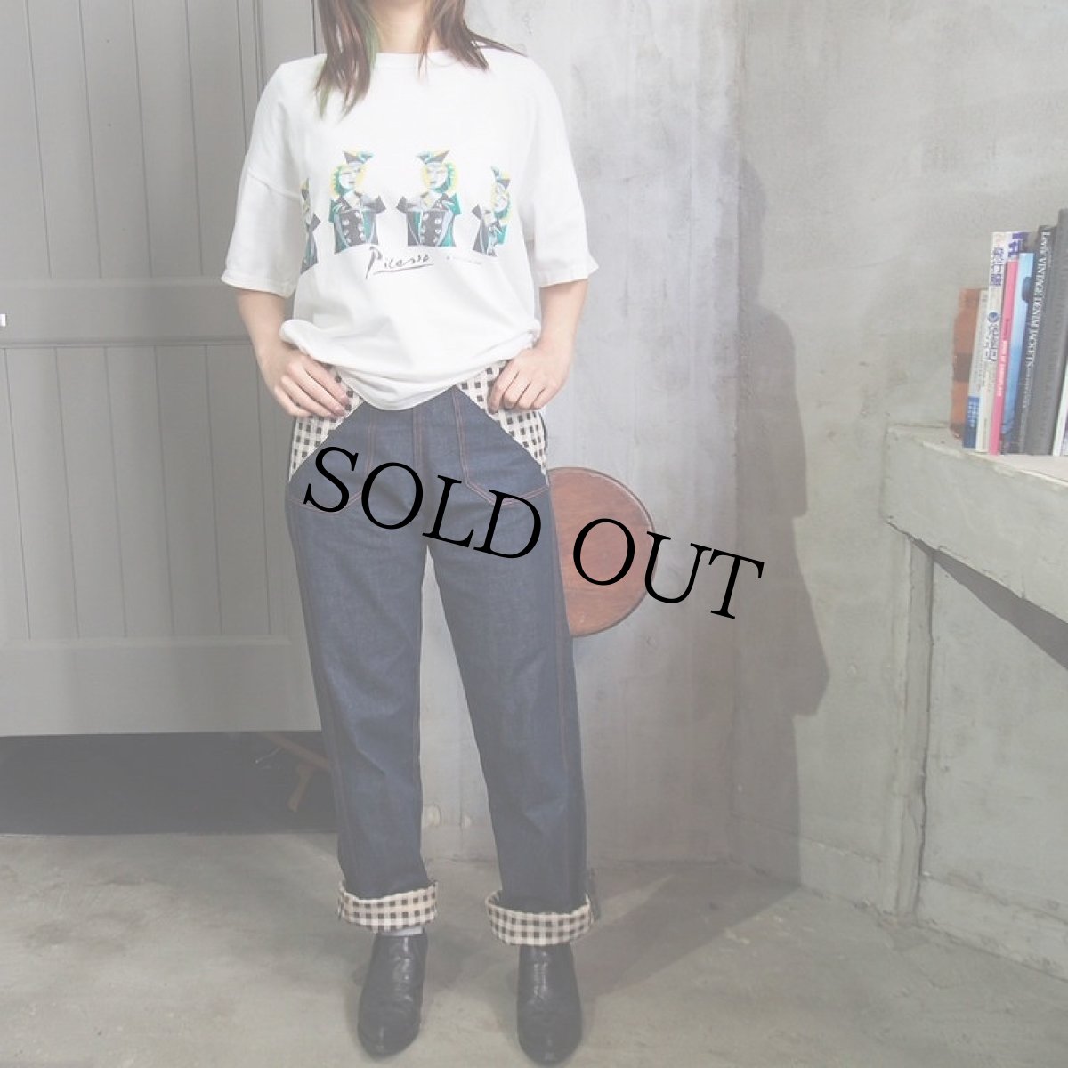 画像6: 50s チェック柄切り替え ランチデニムパンツ W24 (6)