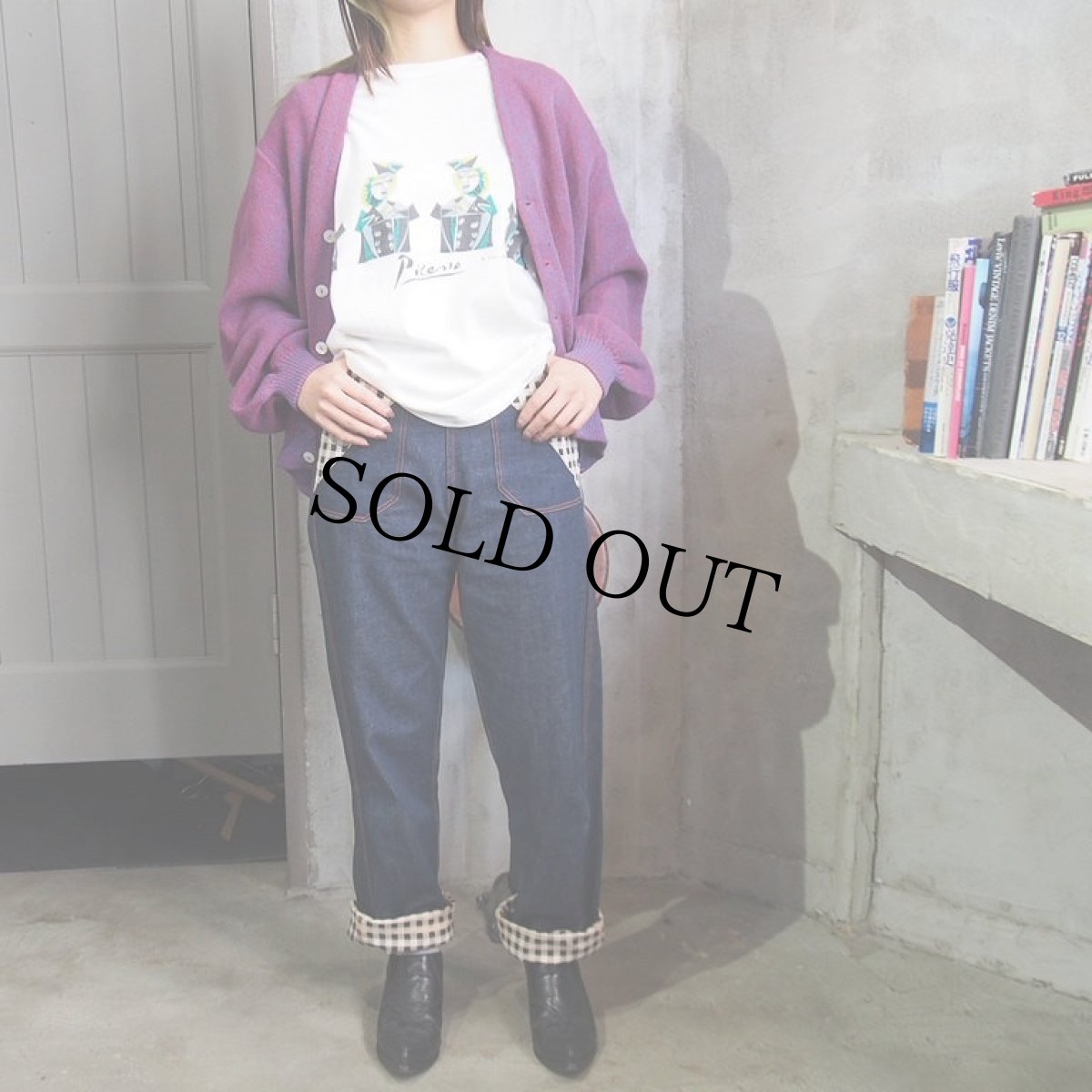 画像5: 50s チェック柄切り替え ランチデニムパンツ W24 (5)