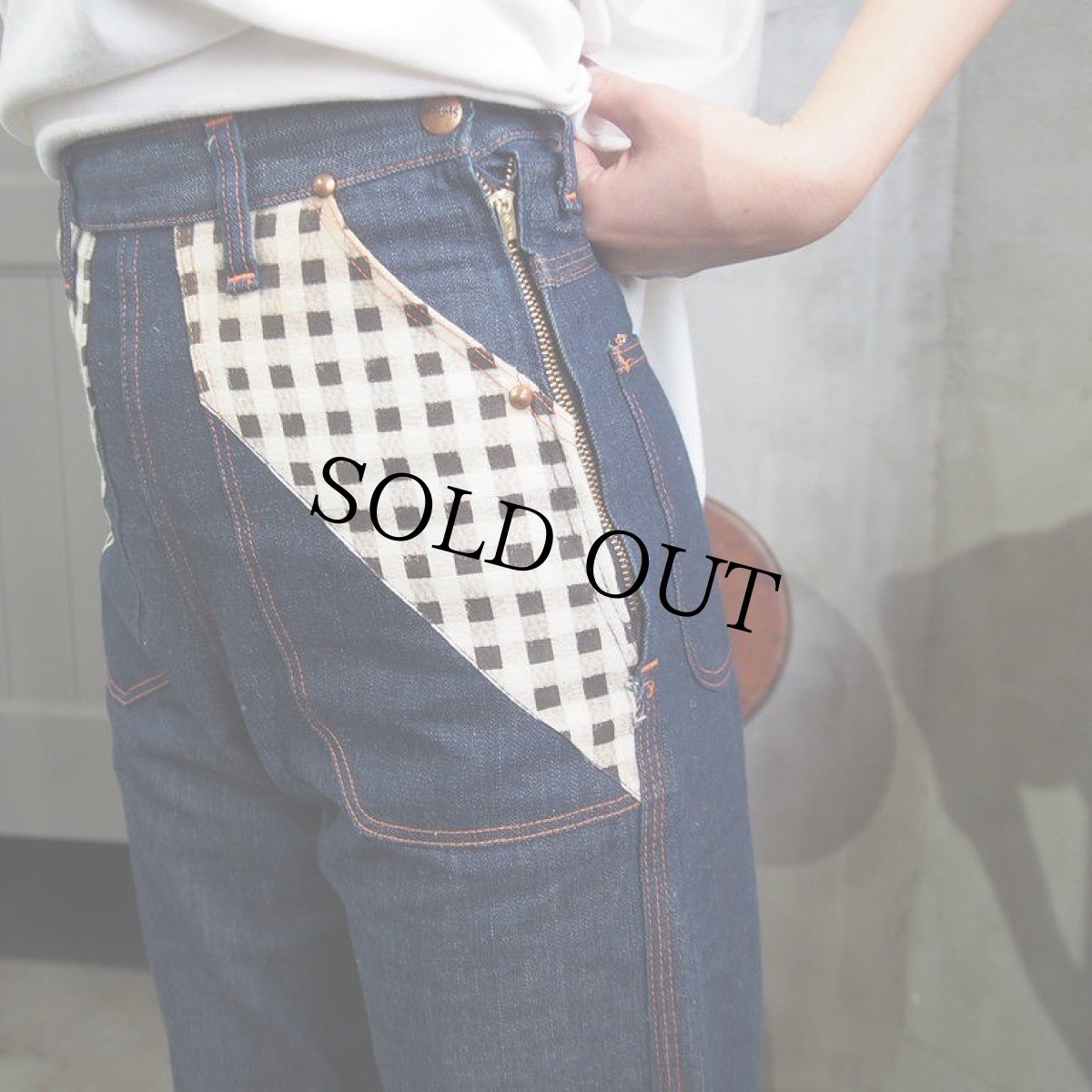 画像7: 50s チェック柄切り替え ランチデニムパンツ W24 (7)