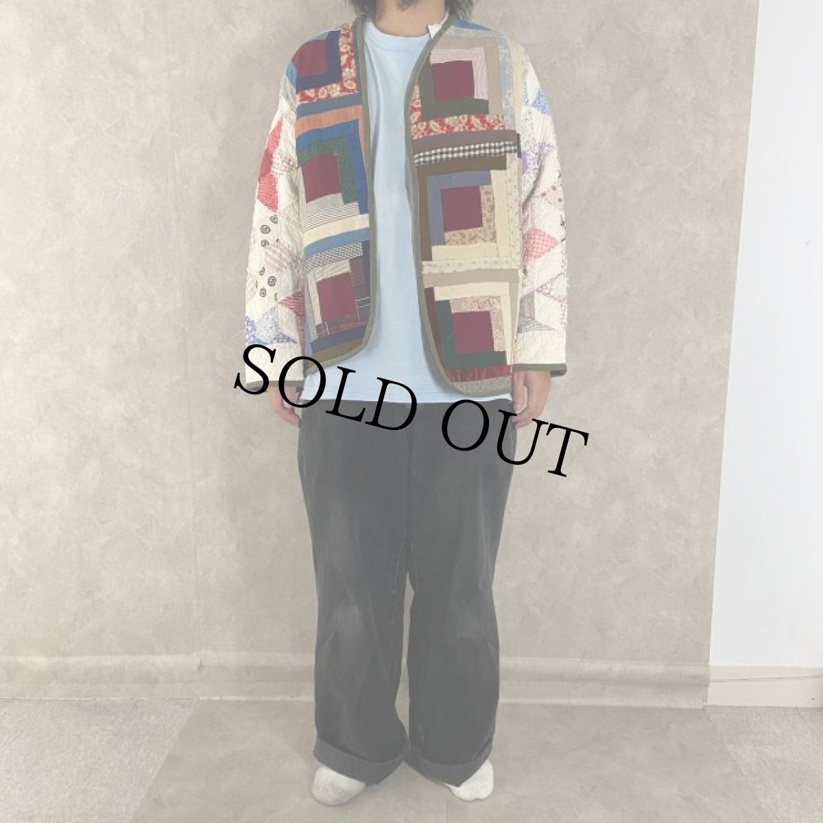 画像2: VINTAGEファブリック パッチワーク キルティング切り替えジャケット (2)