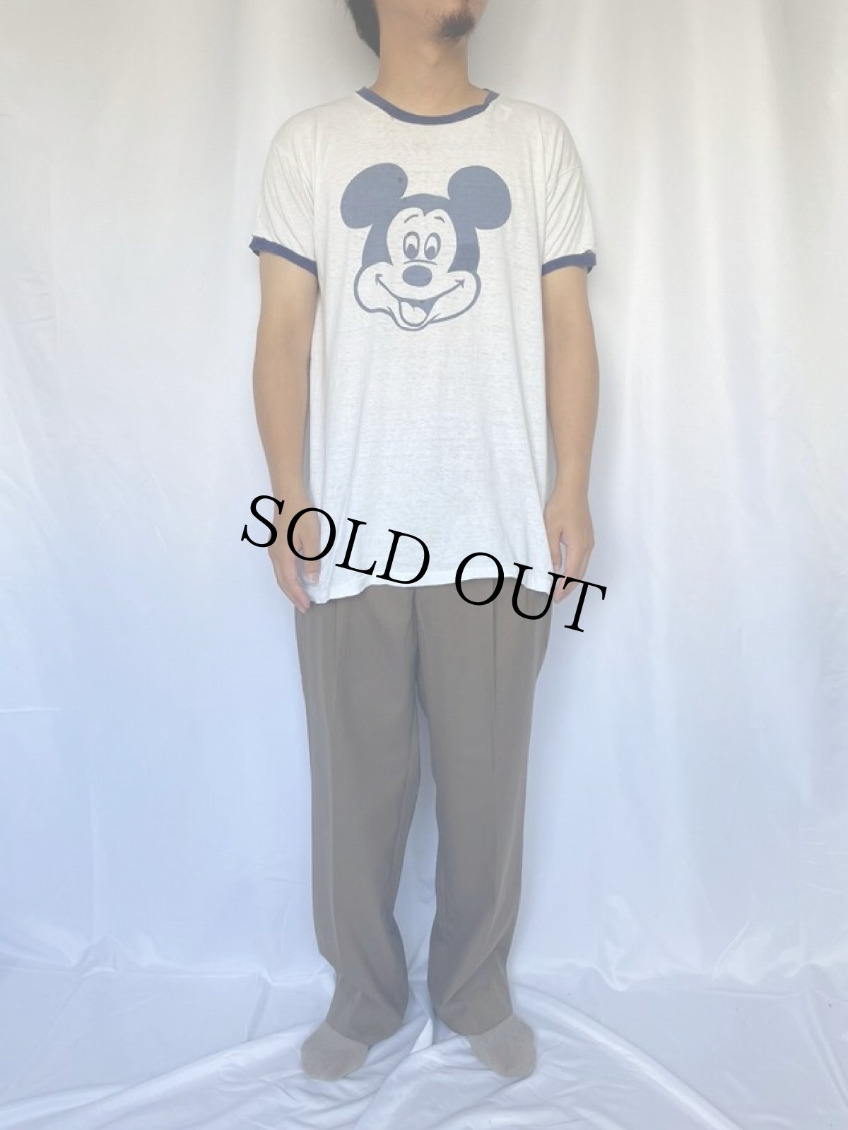 画像2: 70〜80's MICKEY MOUSE 染み込みプリント リンガーTシャツ (2)
