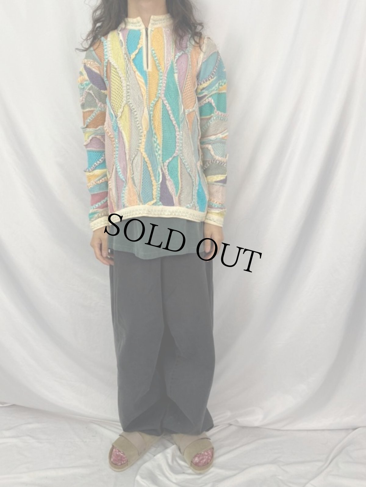 画像2: 90's COOGI AUSTRALIA製 3D柄織り ハーフジップコットンニットセーター S (2)