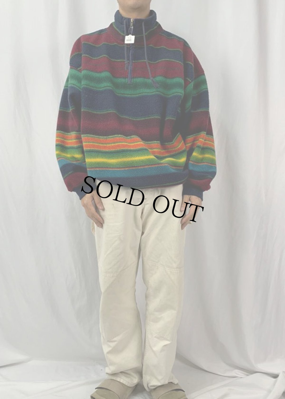 画像2: マルチボーダー柄 モックネック フリースジャケット XL (2)