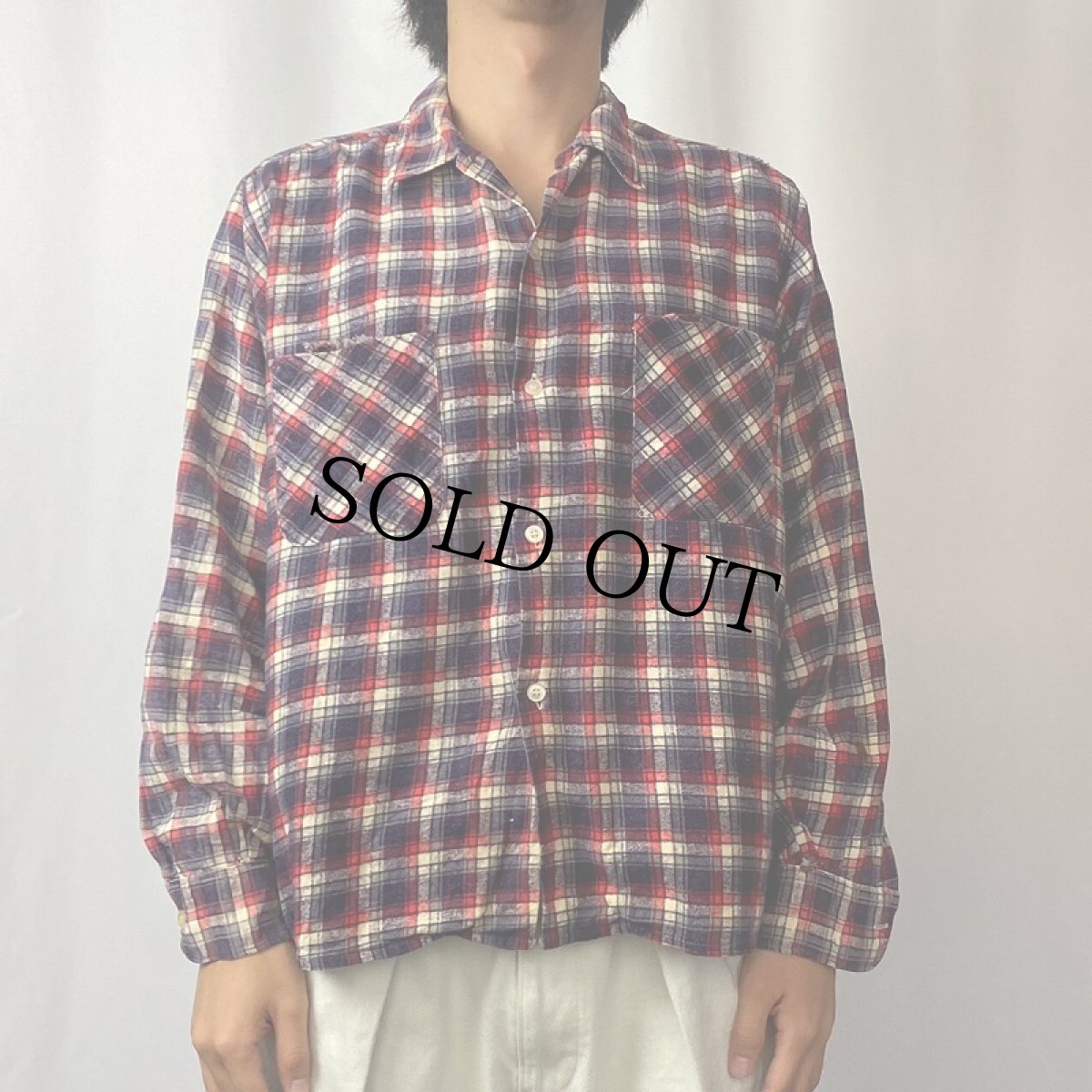 画像2: 60's Kings Point チェック柄 オープンカラー プリントネルシャツ M (2)