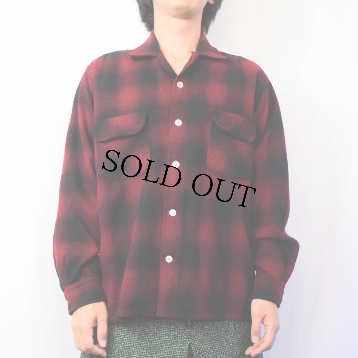 画像2: 60's Golden Line オンブレーチェック柄 オープンカラーウールシャツ L (2)