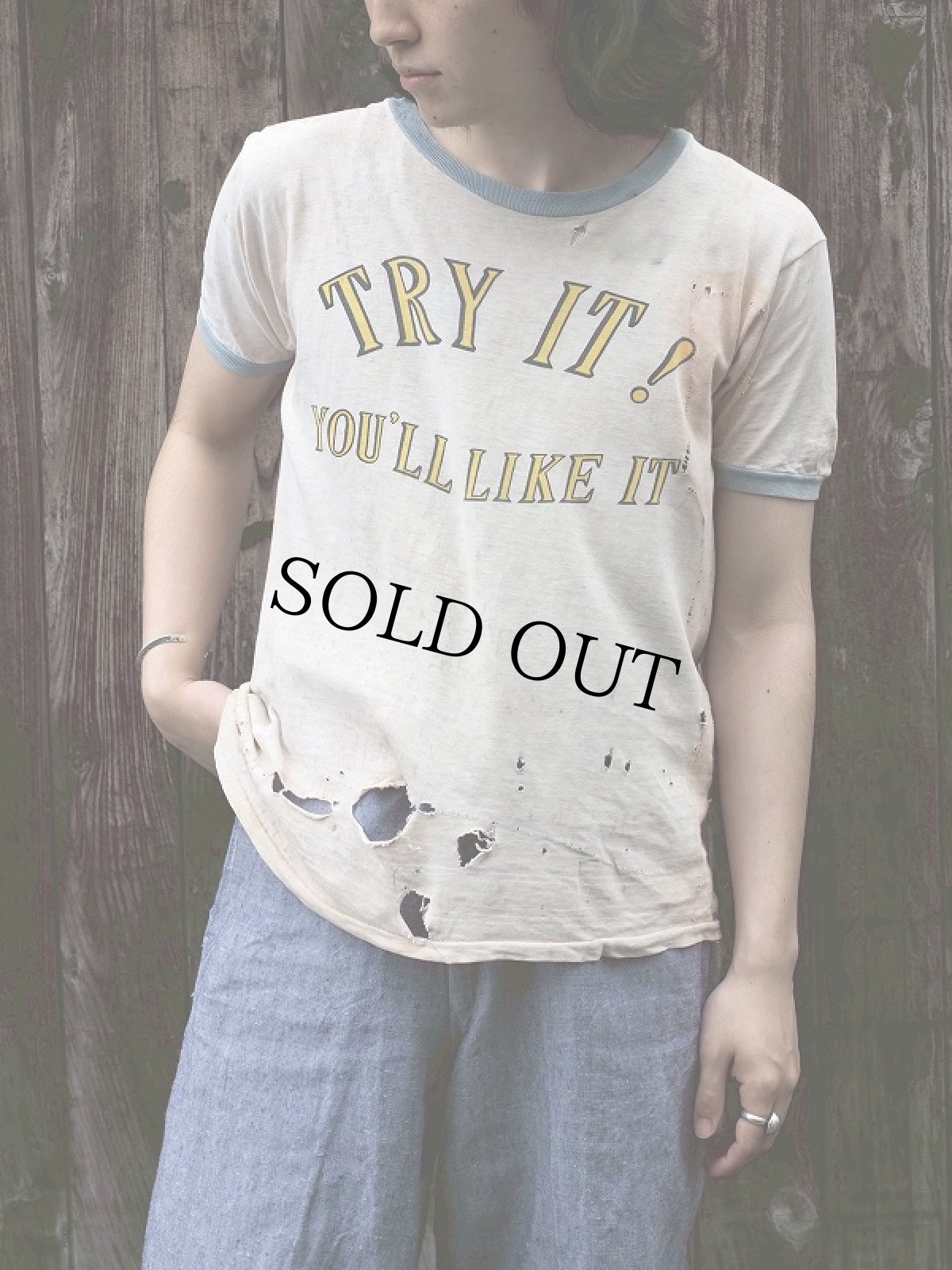 画像1: 70〜80's "TRY IT ! YOU'LL LIKE IT" メッセージプリント リンガーTシャツ (1)