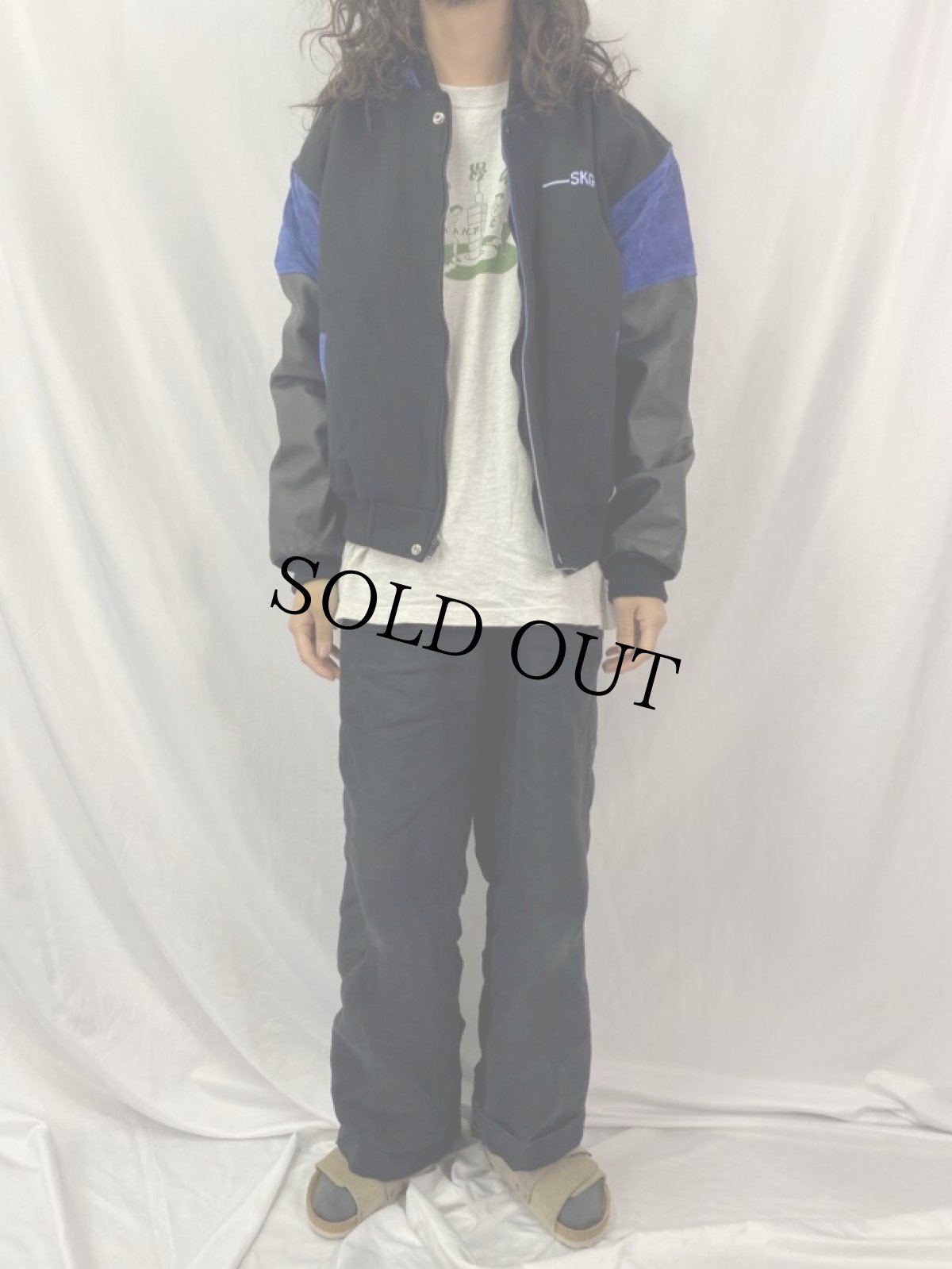 画像2: DREAM WORKS SKG ロゴ刺繍 レザー切り替えウールスタジャン L (2)