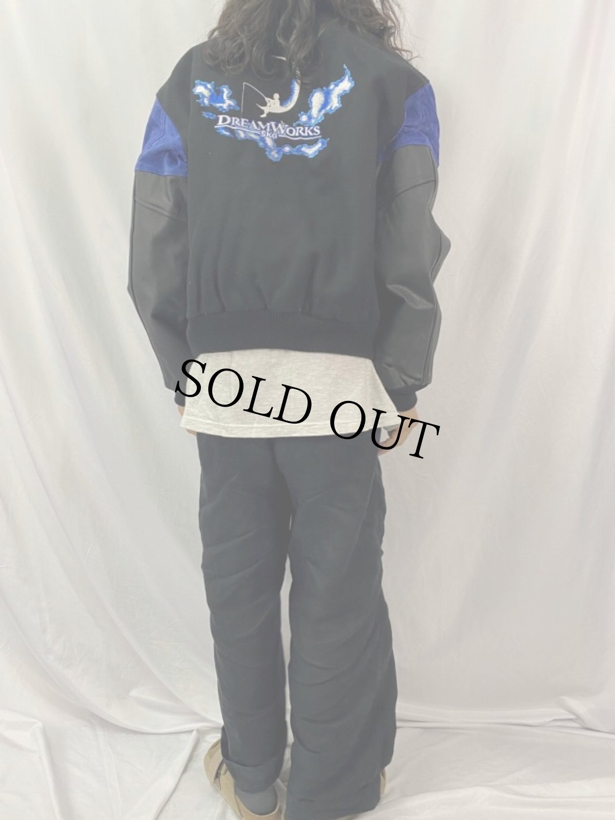 画像4: DREAM WORKS SKG ロゴ刺繍 レザー切り替えウールスタジャン L (4)