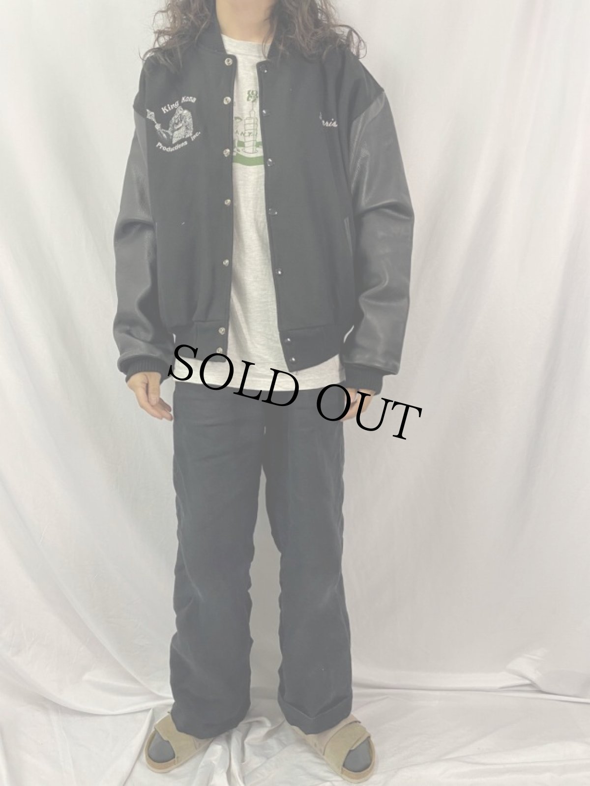 画像3: WATER WORLD "King Kona Productions,Inc" ロゴ刺繍 レザー切り替えウールスタジャン XL (3)