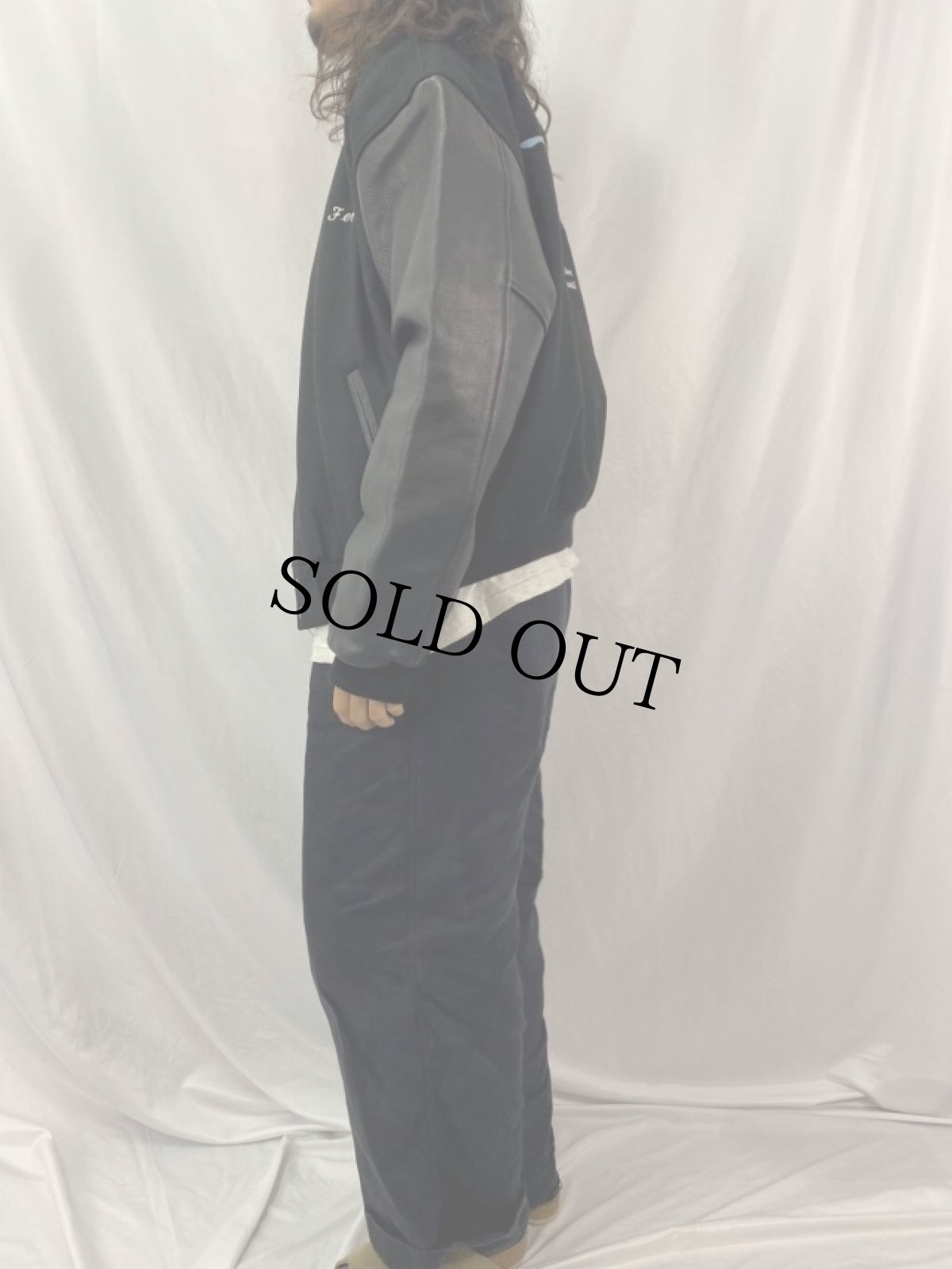 画像4: WATER WORLD "King Kona Productions,Inc" ロゴ刺繍 レザー切り替えウールスタジャン XL (4)