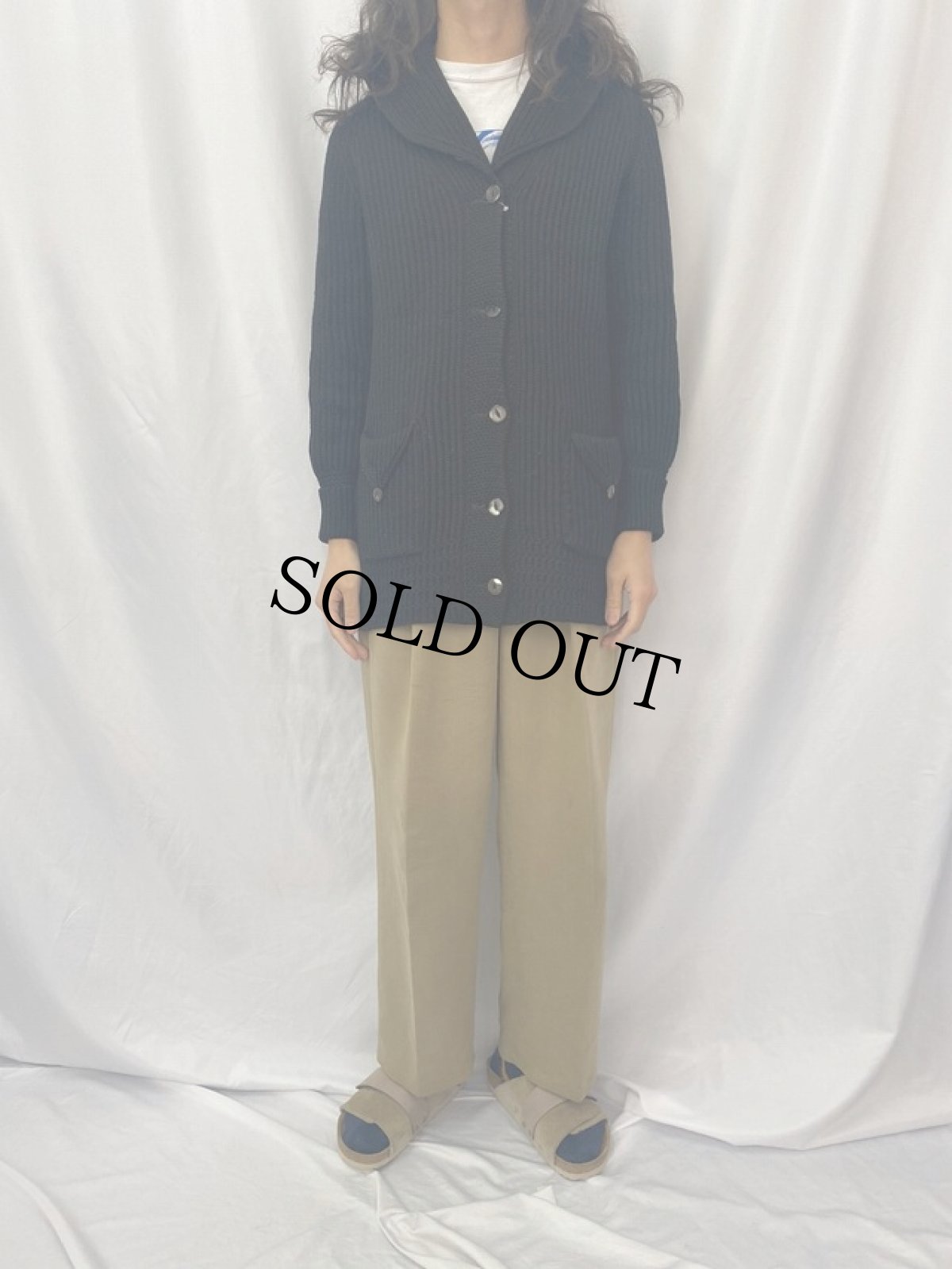 画像2: 40〜50's ショールカラー ウールニットカーディガン BLACK (2)