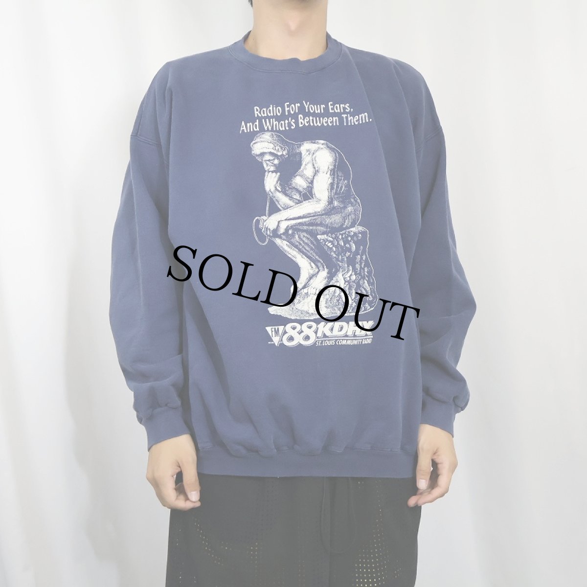 画像2: 90's "FM88 KDHX" 考える人 パロディプリント ラジオスウェット NAVY XL (2)