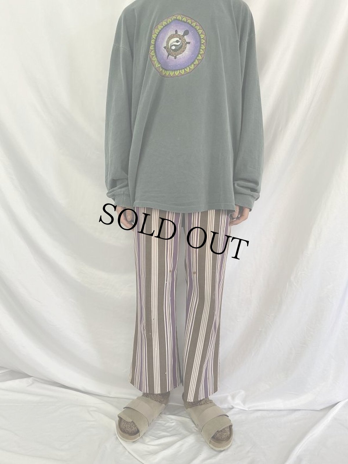 画像2: 70's マルチストライプ柄 コットンフレアパンツ W29 (2)