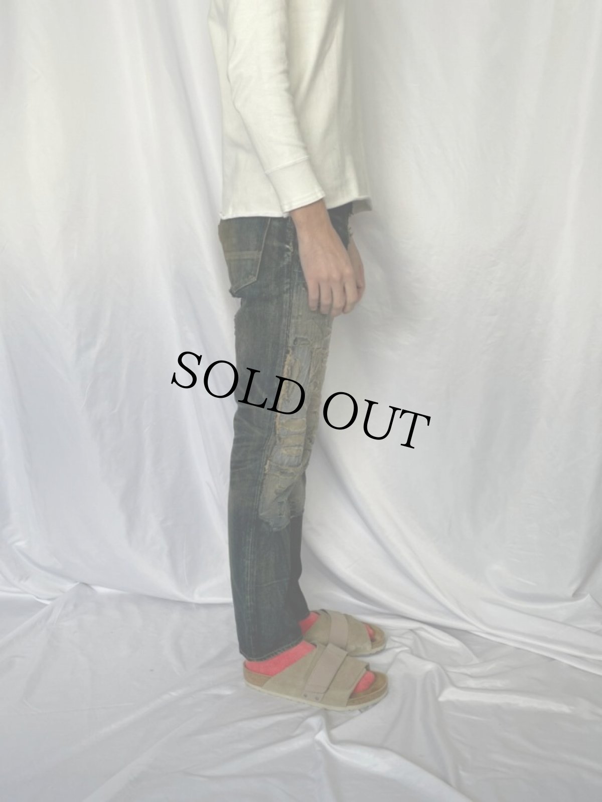 画像4: KAPITAL バックルバック ボロ加工デニムパンツ W30 (4)