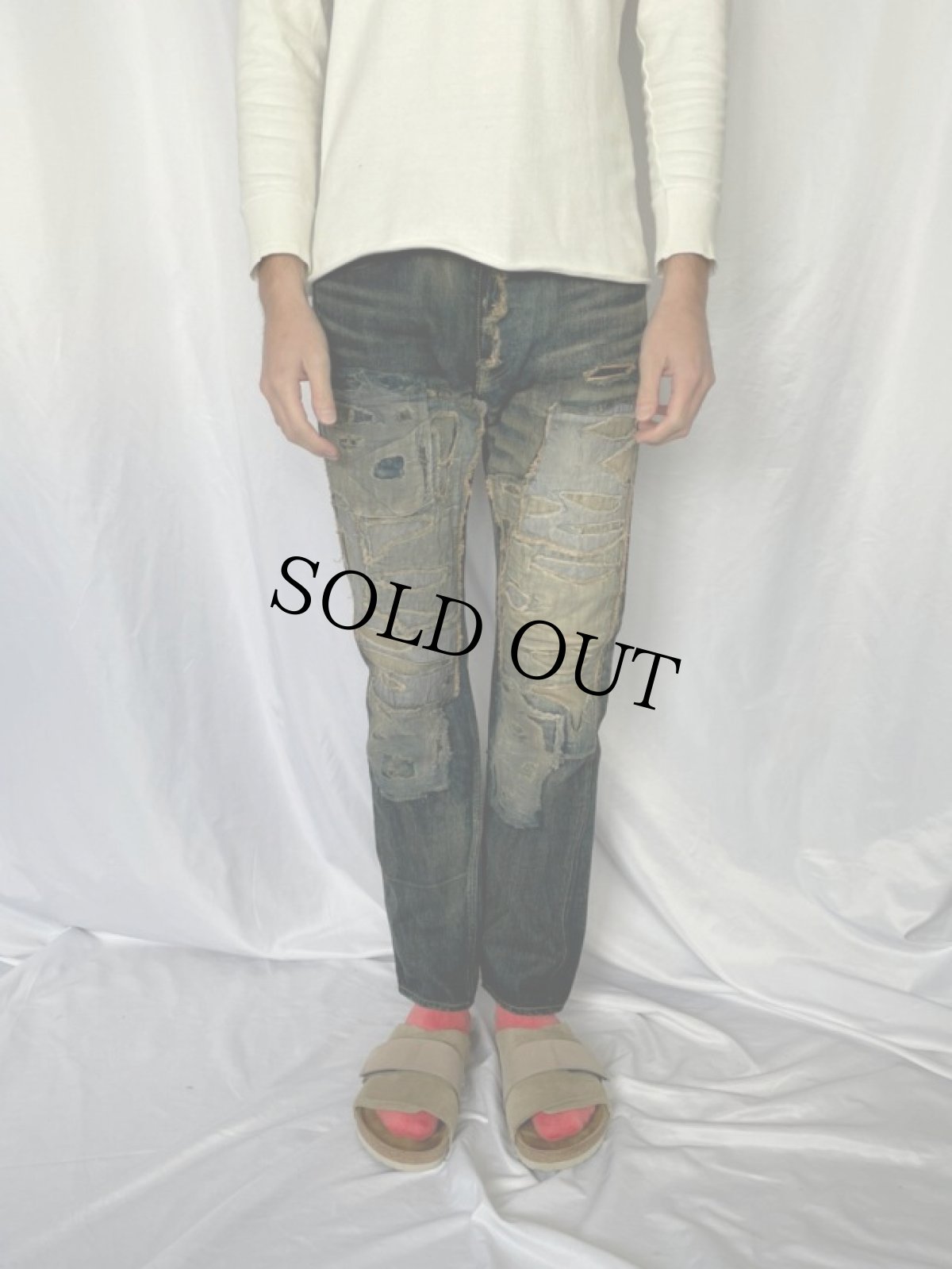 画像3: KAPITAL バックルバック ボロ加工デニムパンツ W30 (3)