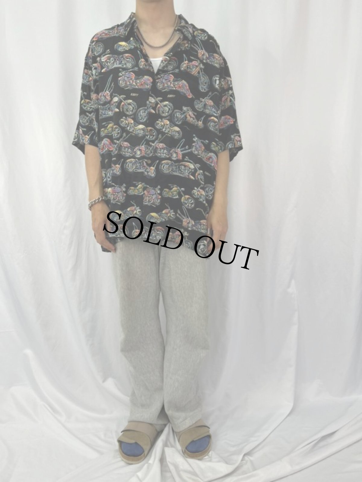 画像2: 90's ART OF EDDY Y by Reyn Spooner バイク柄 レーヨンアロハシャツ XXL (2)