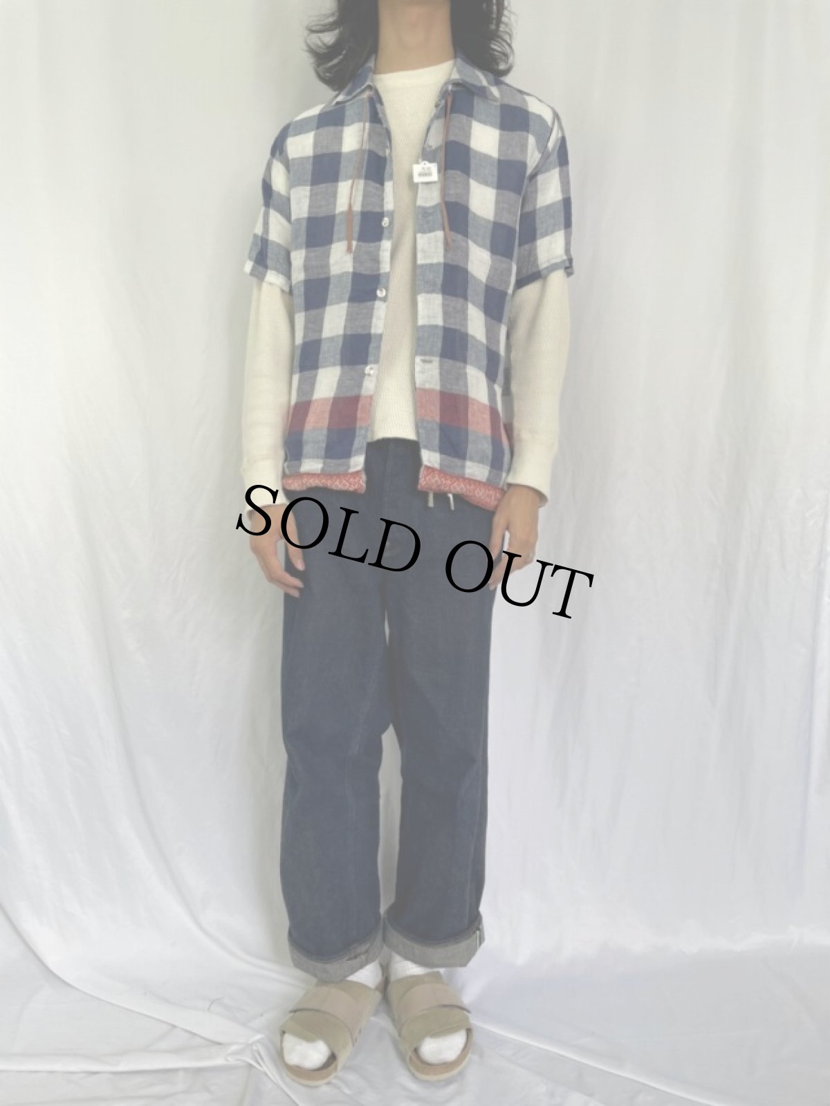 画像2: KAPITAL ブロックチェック柄 チロリアン リネンシャツ M (2)