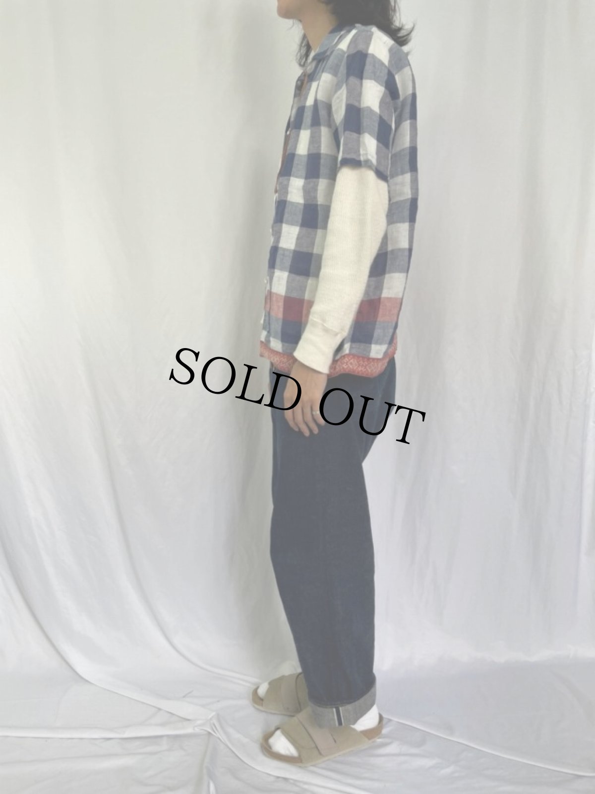 画像3: KAPITAL ブロックチェック柄 チロリアン リネンシャツ M (3)